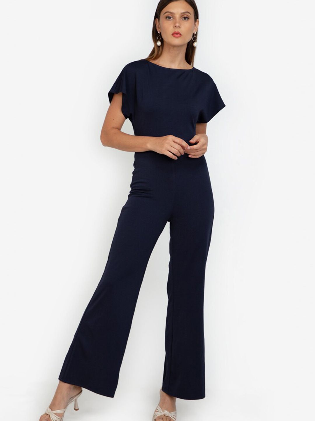 ZALORA WORK Women Navy Blue Solid Boat Neck Basic Jumpsuit Price in India