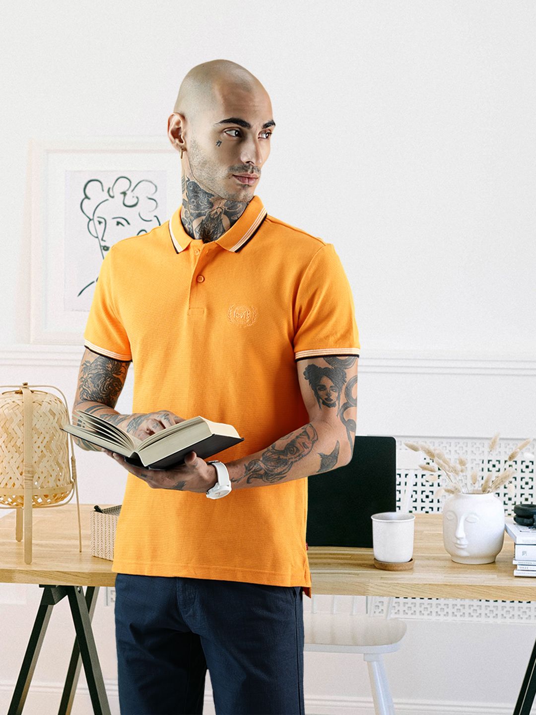 Levis Men Yellow Polo Collar Pure Cotton T-shirt
