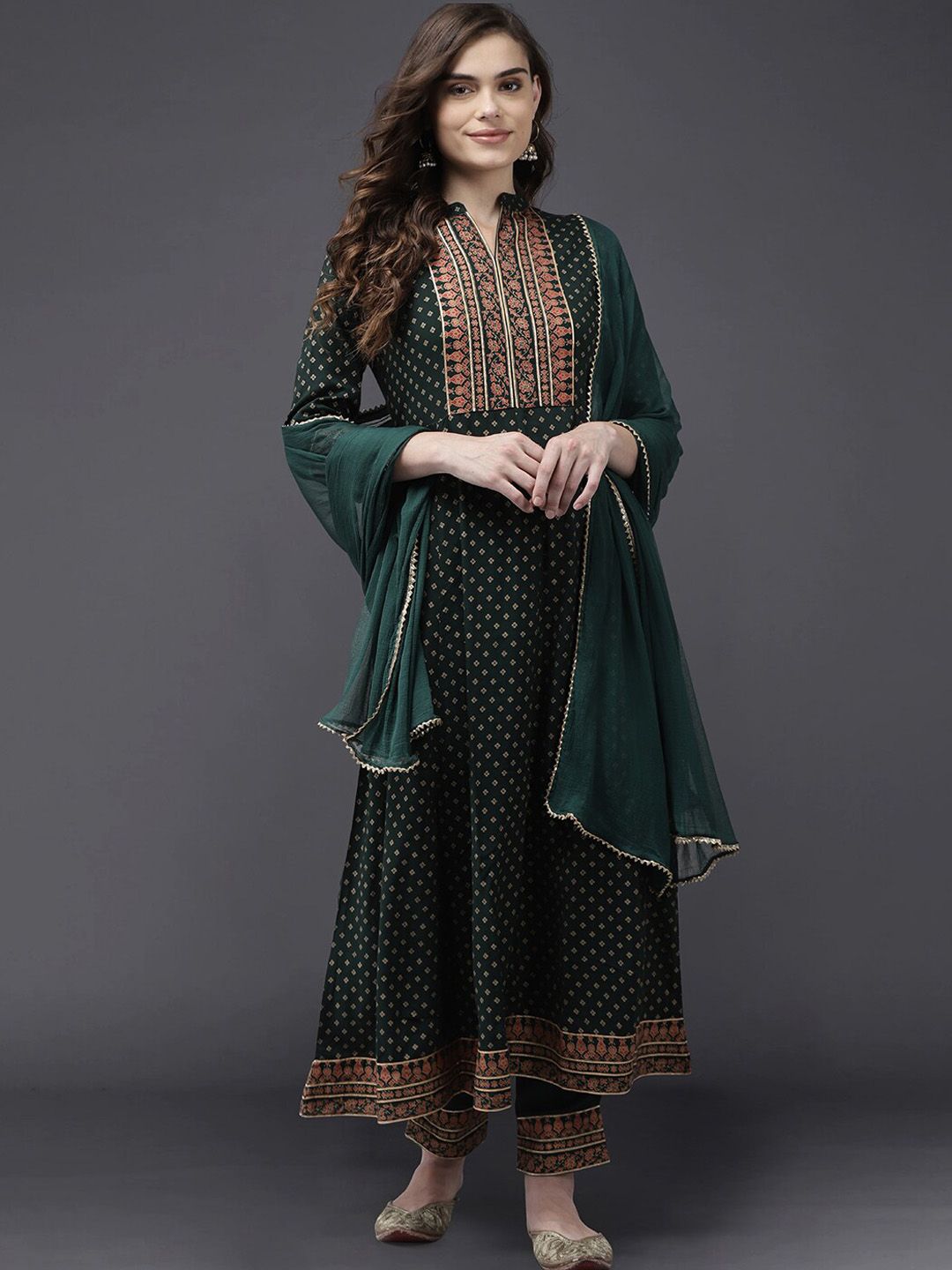 Indo Era Women Green Ethnic Motifs Printed Panelled Kurta with Churidar & With Dupatta Price in India