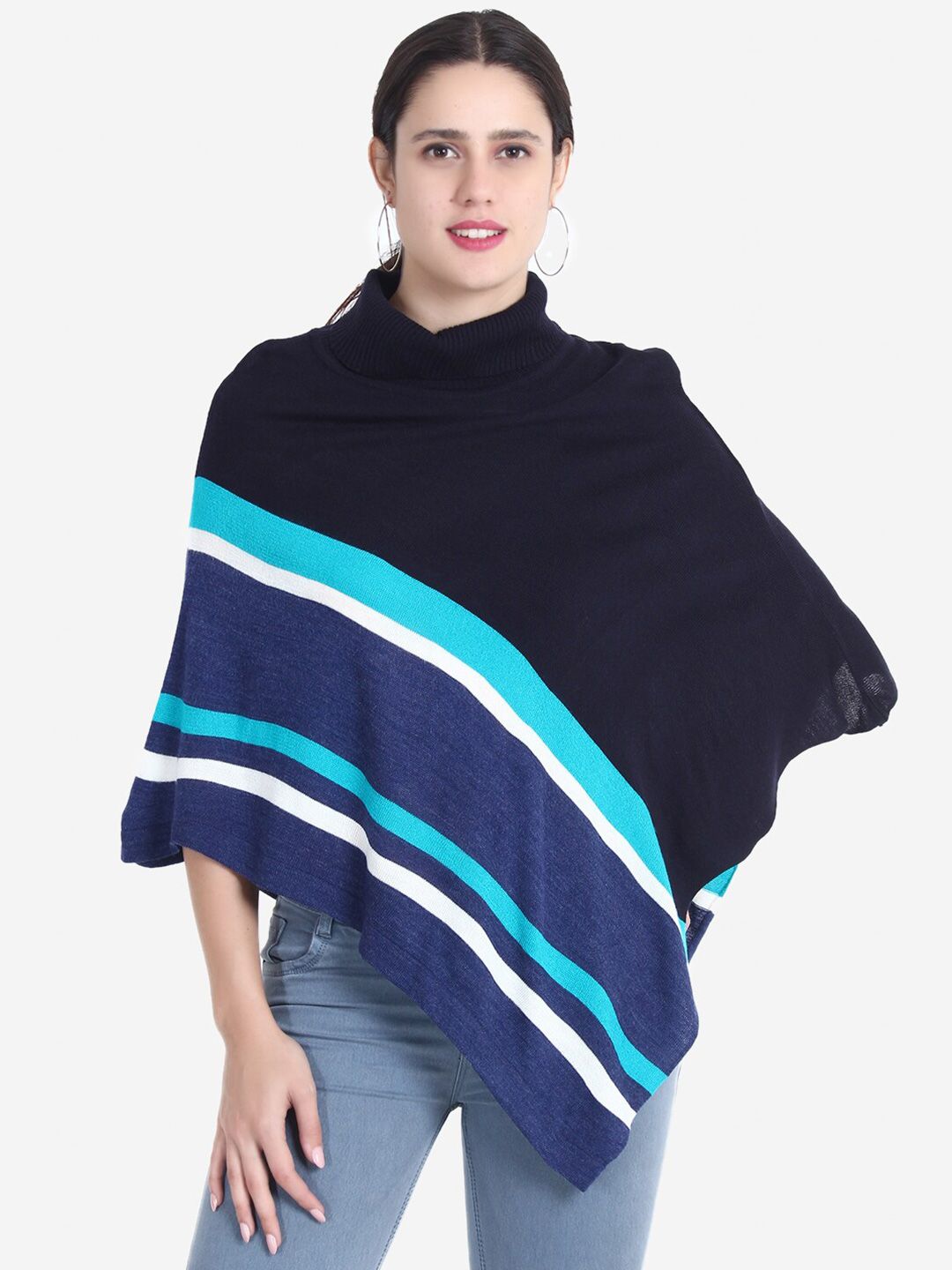JoE Hazel Women Navy Blue & White Striped Poncho Sweater Price in India