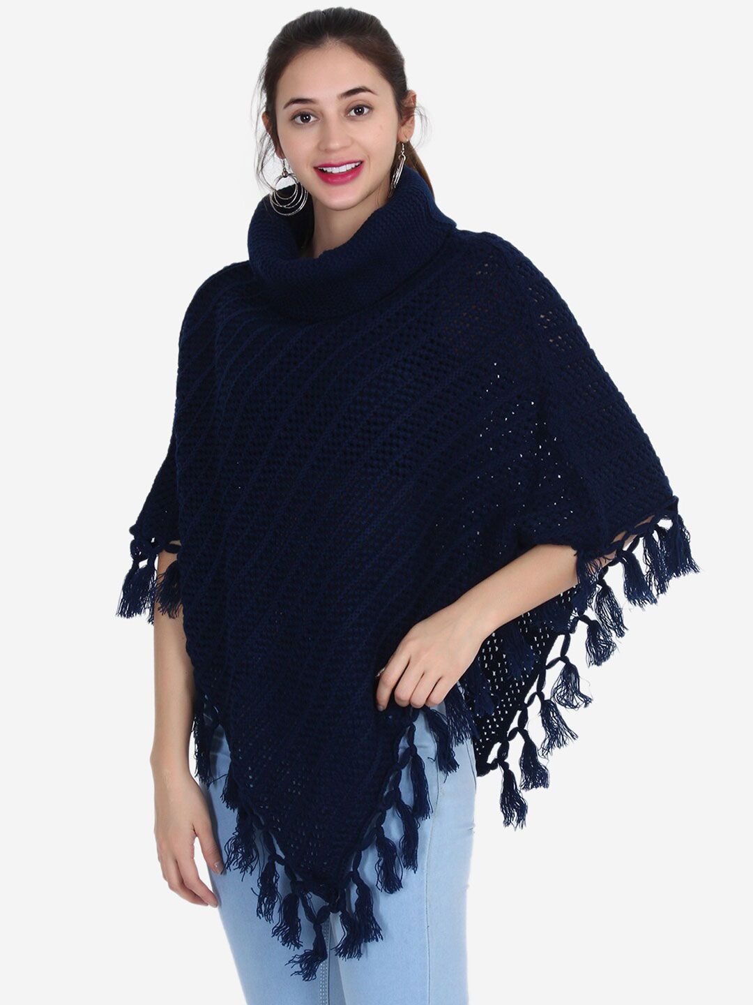 JoE Hazel Women Navy Blue Self Design Poncho Sweater Price in India