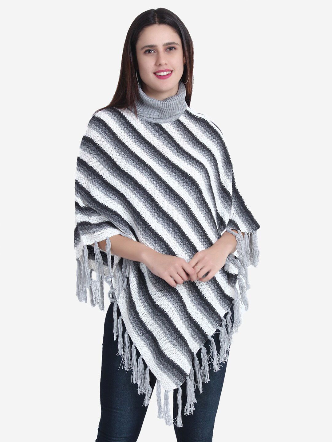 JoE Hazel Women White & Black Striped Poncho Sweater Price in India