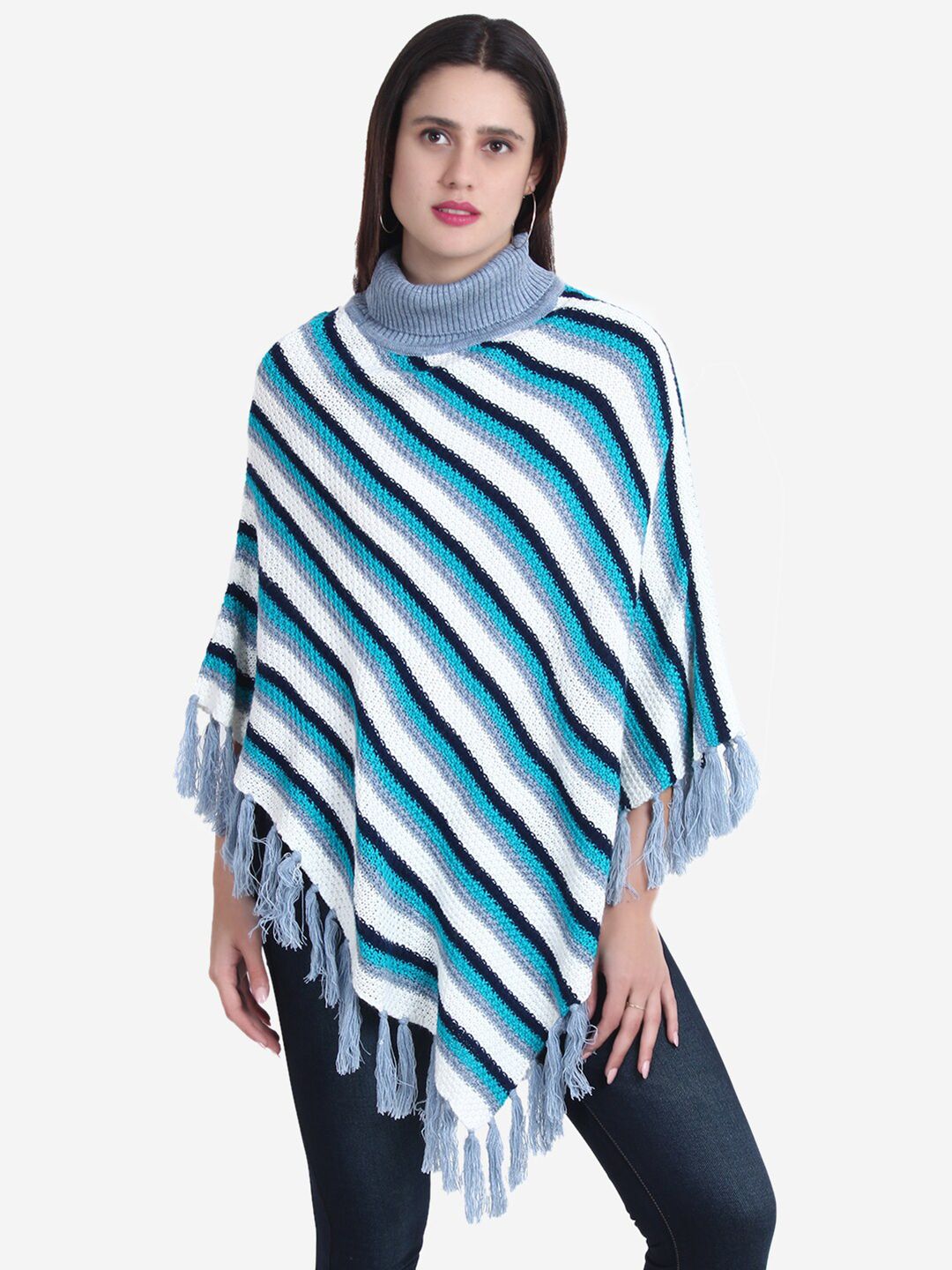 JoE Hazel Women Blue & White Striped Poncho Price in India