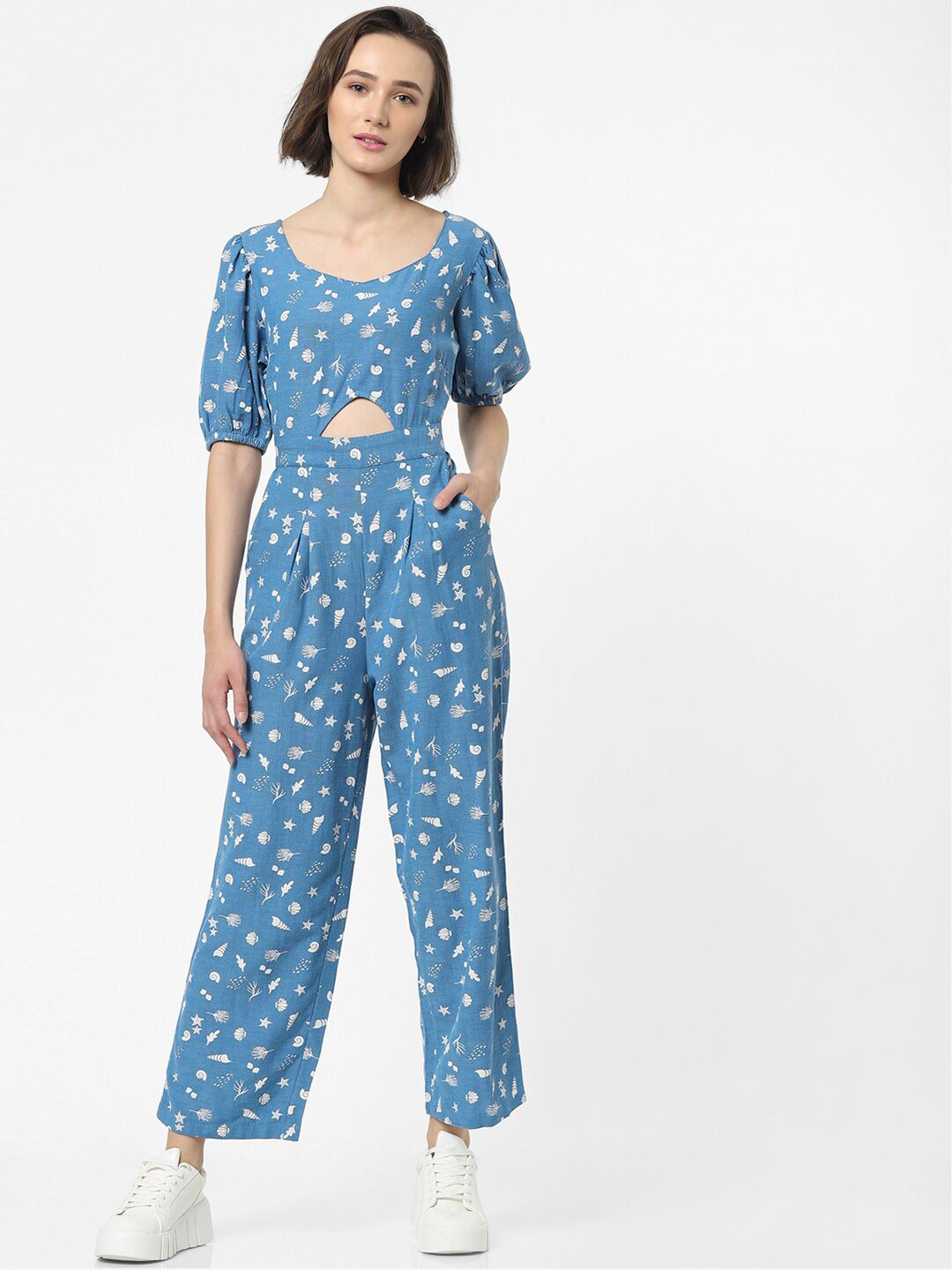 ONLY Blue & White Printed Basic Jumpsuit Price in India