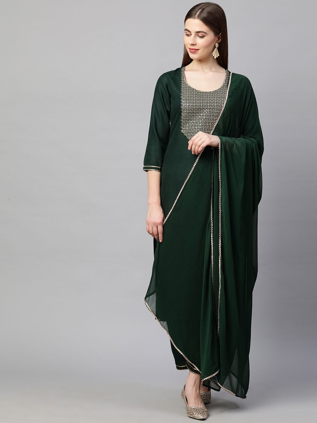 KALINI Women Green & Gold-Toned Sequinned Kurta with Trousers & With Dupatta Price in India