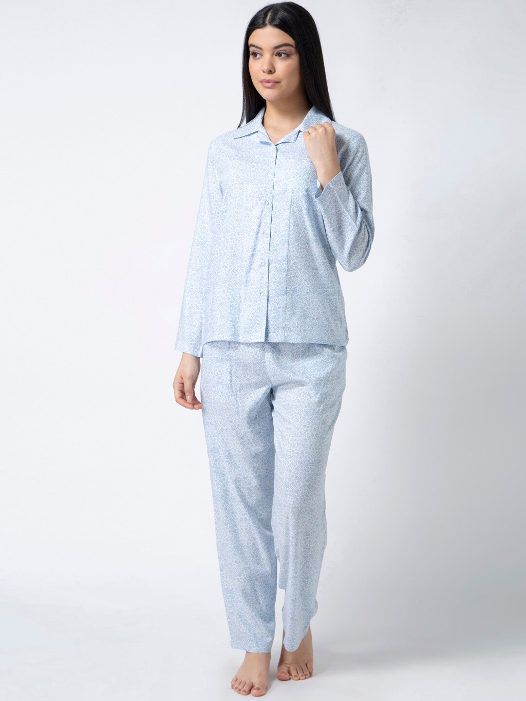 ADORENITE Women White & Blue Printed Night suit Price in India