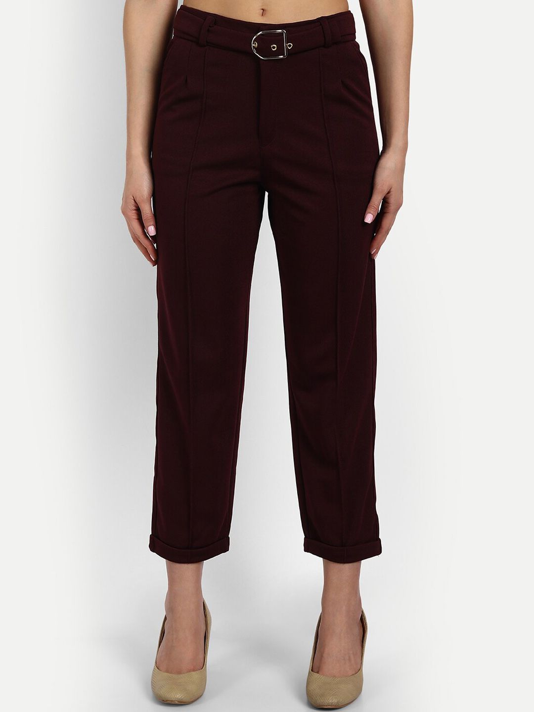 BROADSTAR Women Maroon Straight Fit High-Rise Trousers Price in India