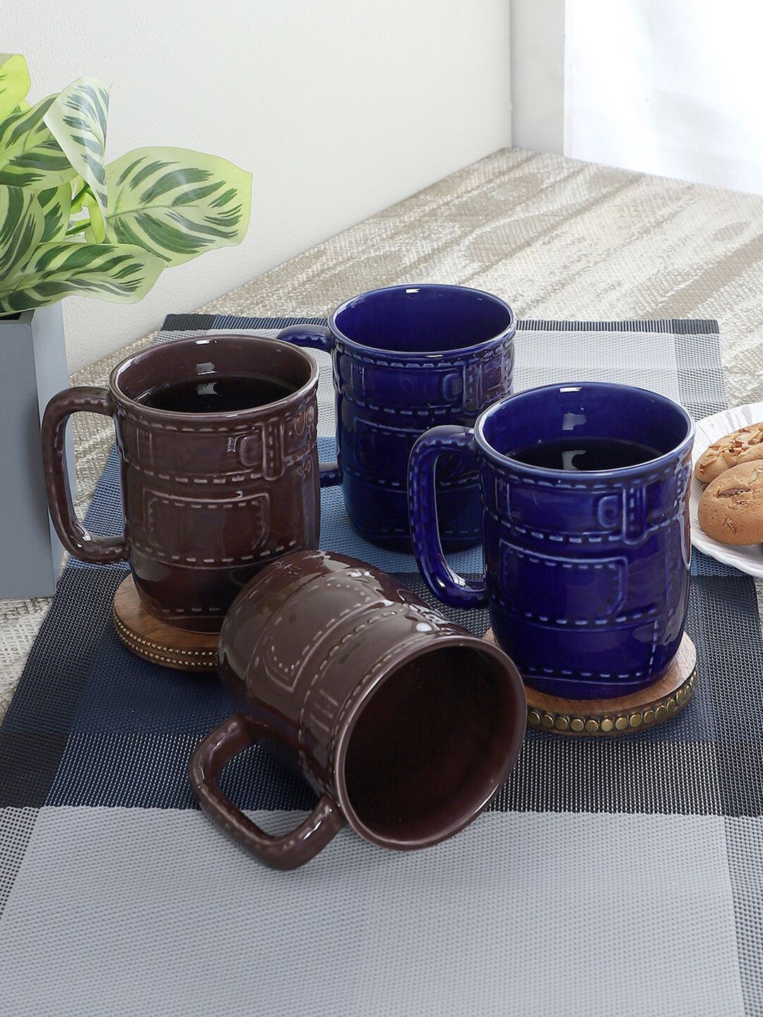 CDI Set of 4 Blue & Coffee Brown Textured Ceramic Glossy Mugs Price in India