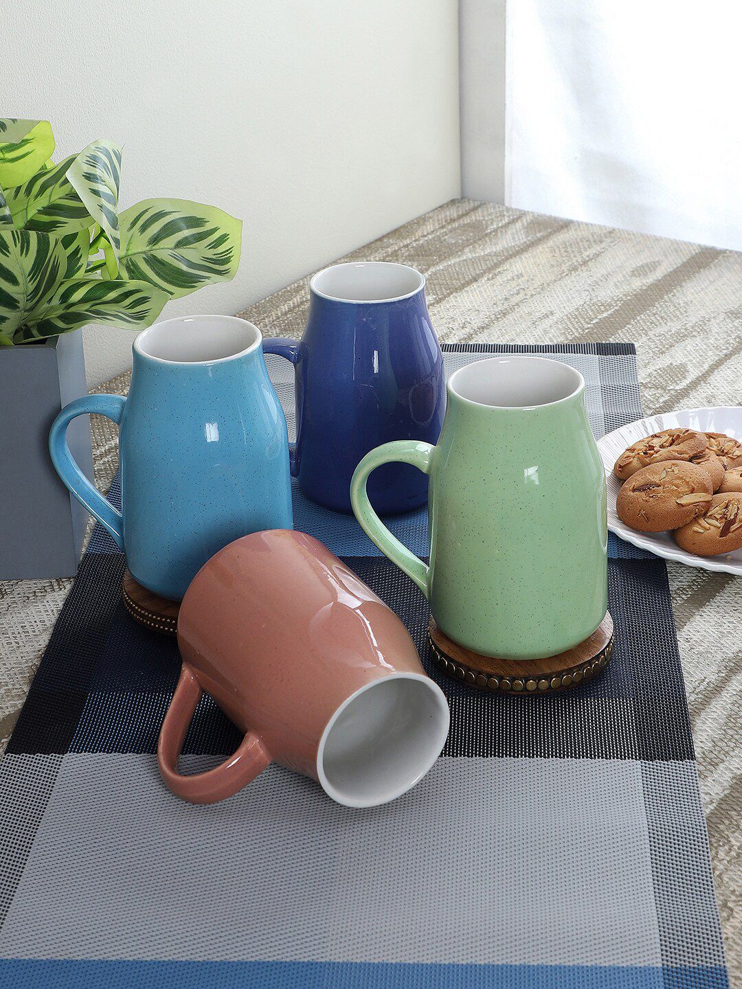CDI Blue & Green Set Of 4 Solid Ceramic Glossy Mugs Price in India