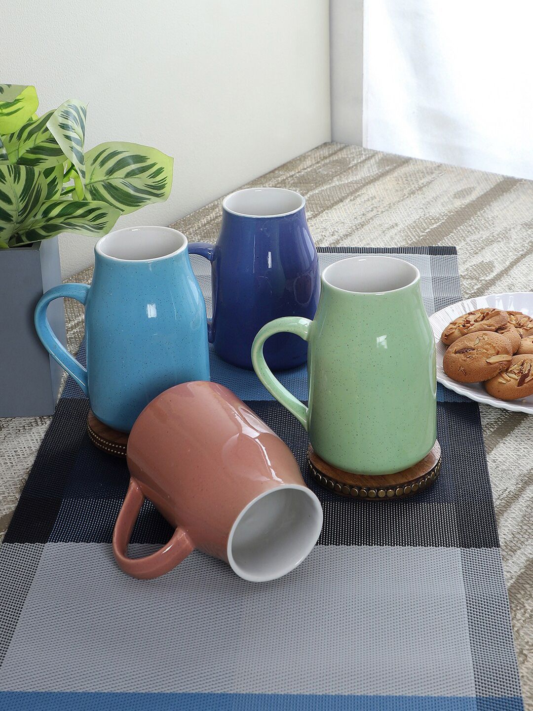 CDI Set of 4 Blue & Green Solid Ceramic Matte Mugs Price in India