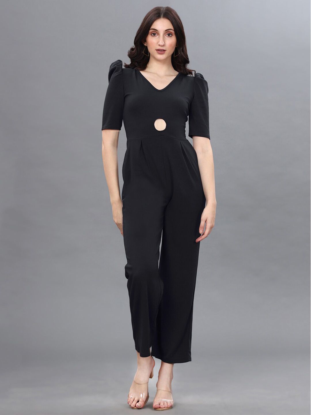 Selvia Women Black Power Shoulder Cutout Basic Jumpsuit Price in India