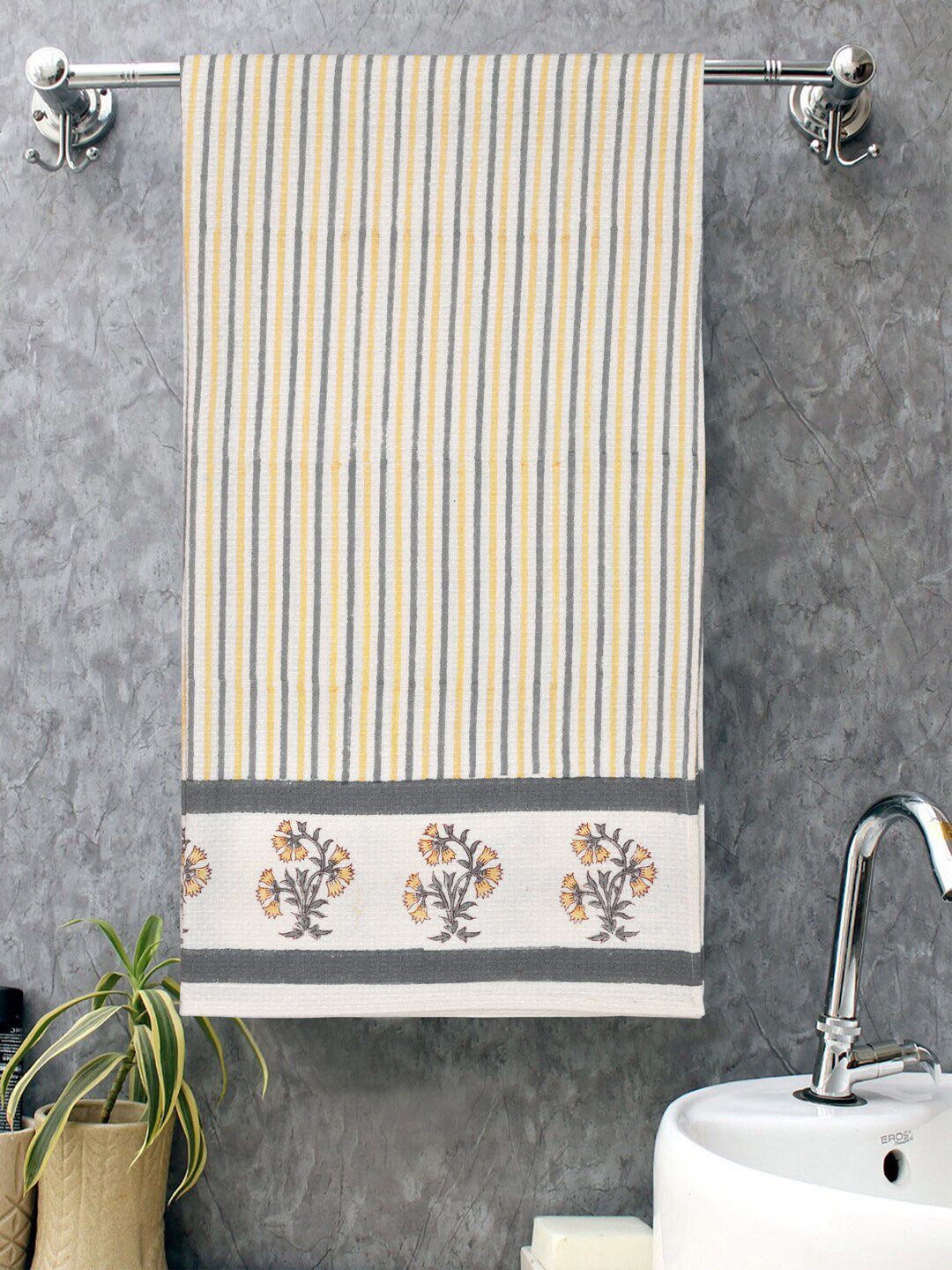 Gulaab Jaipur Yellow & White Striped 400 GSM Cotton Bath Towel Price in India