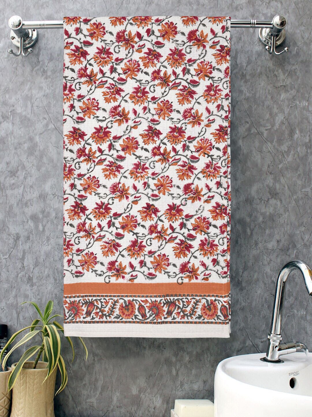 Gulaab Jaipur Maroon & Orange Printed 400 GSM Organic Cotton Bath Towels Price in India