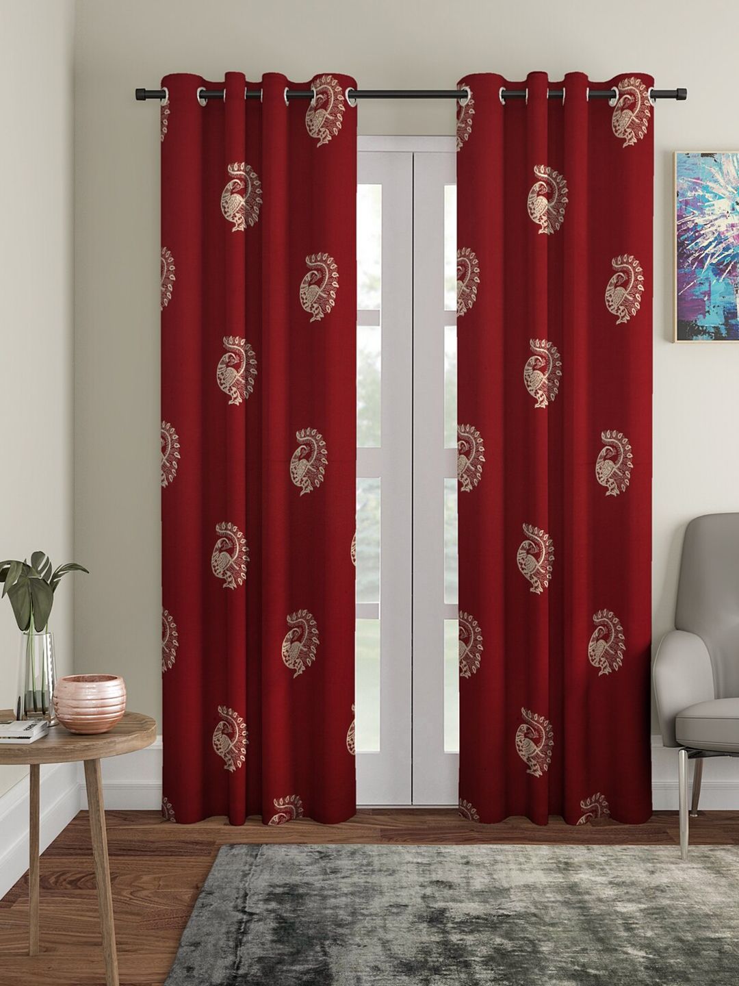 Home Sizzler Maroon & Beige Set of 2 Ethnic Motifs Long Door Curtain Price in India