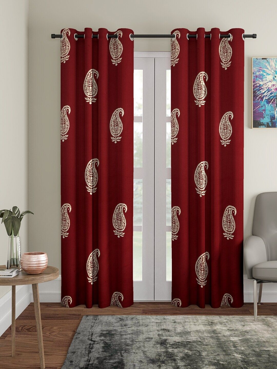Home Sizzler Set Of 2 Maroon Ethnic Motifs Printed Long Door Curtains Price in India