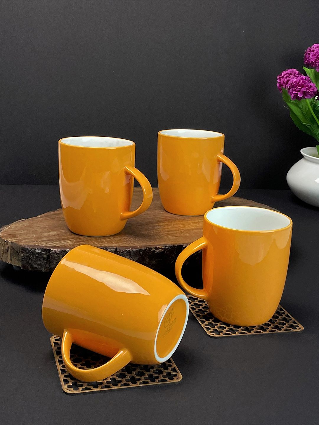 CLAY CRAFT Set of 4 Orange Solid Ceramic Glossy Mugs Price in India