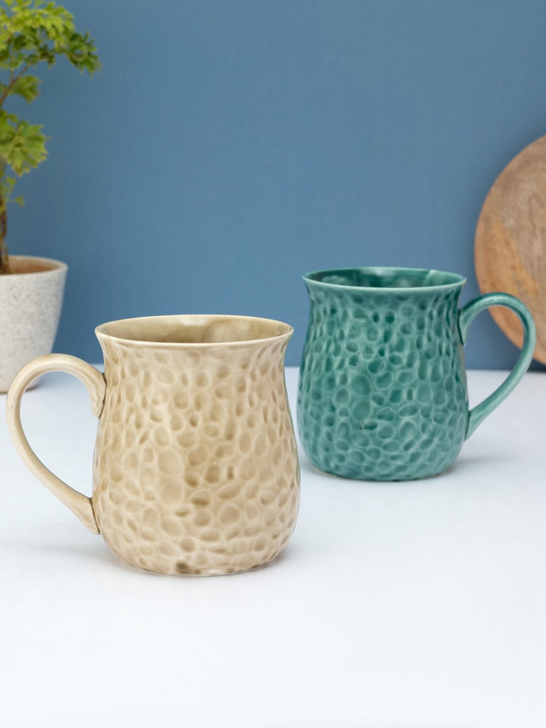 CLAY CRAFT Set of 2 Teal & Beige Hammered Ceramic Glossy Mugs Price in India