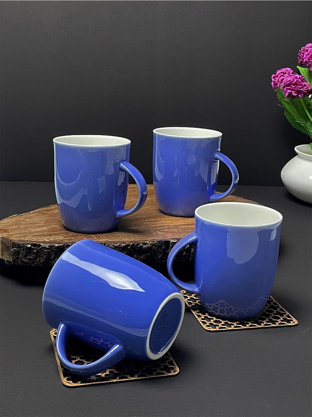 CLAY CRAFT Set Of 4 Blue Solid Ceramic Glossy Mugs Price in India