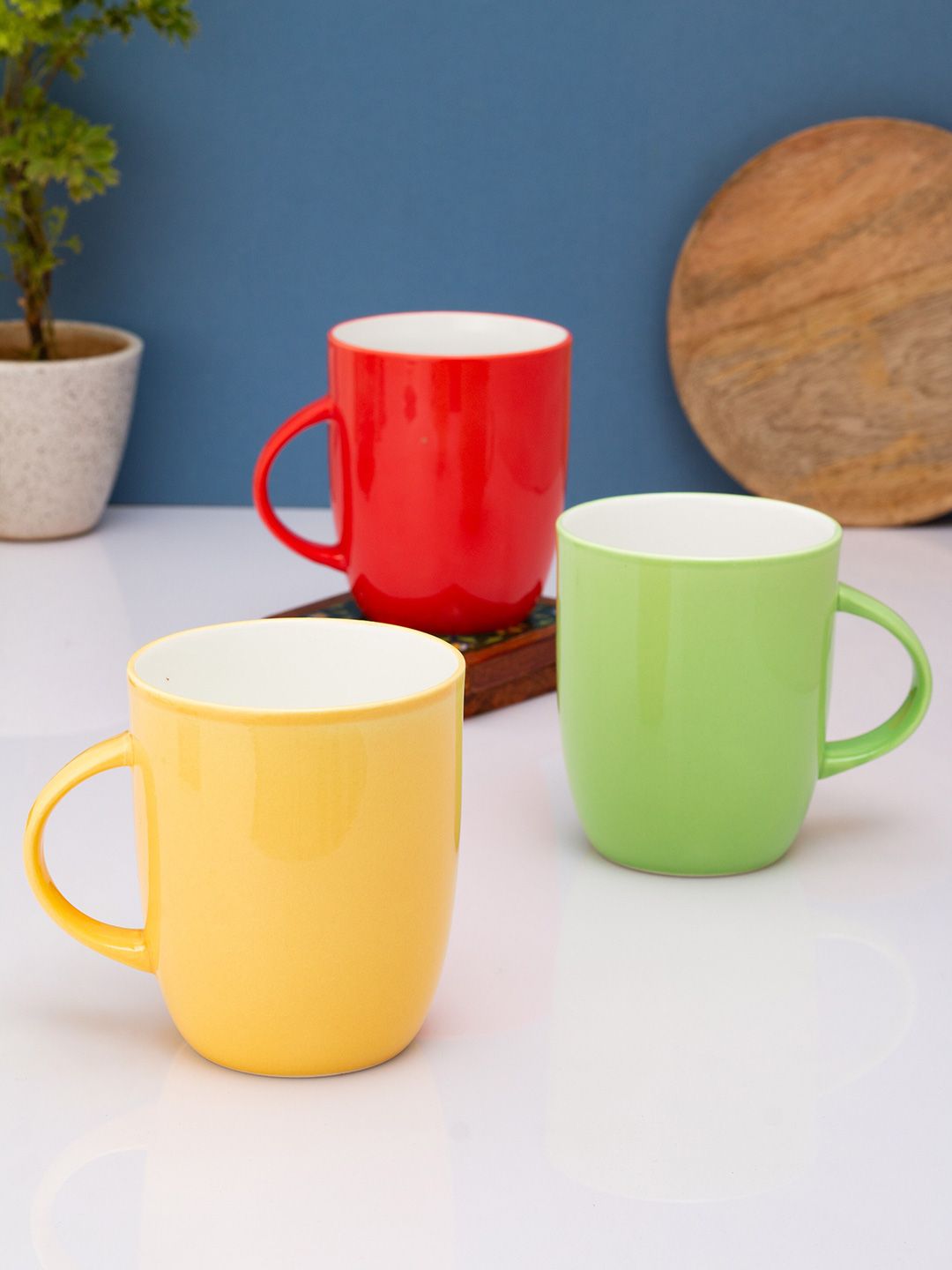 CLAY CRAFT Set of 3 Yellow & Green Solid Ceramic Glossy Cups and Mugs Price in India