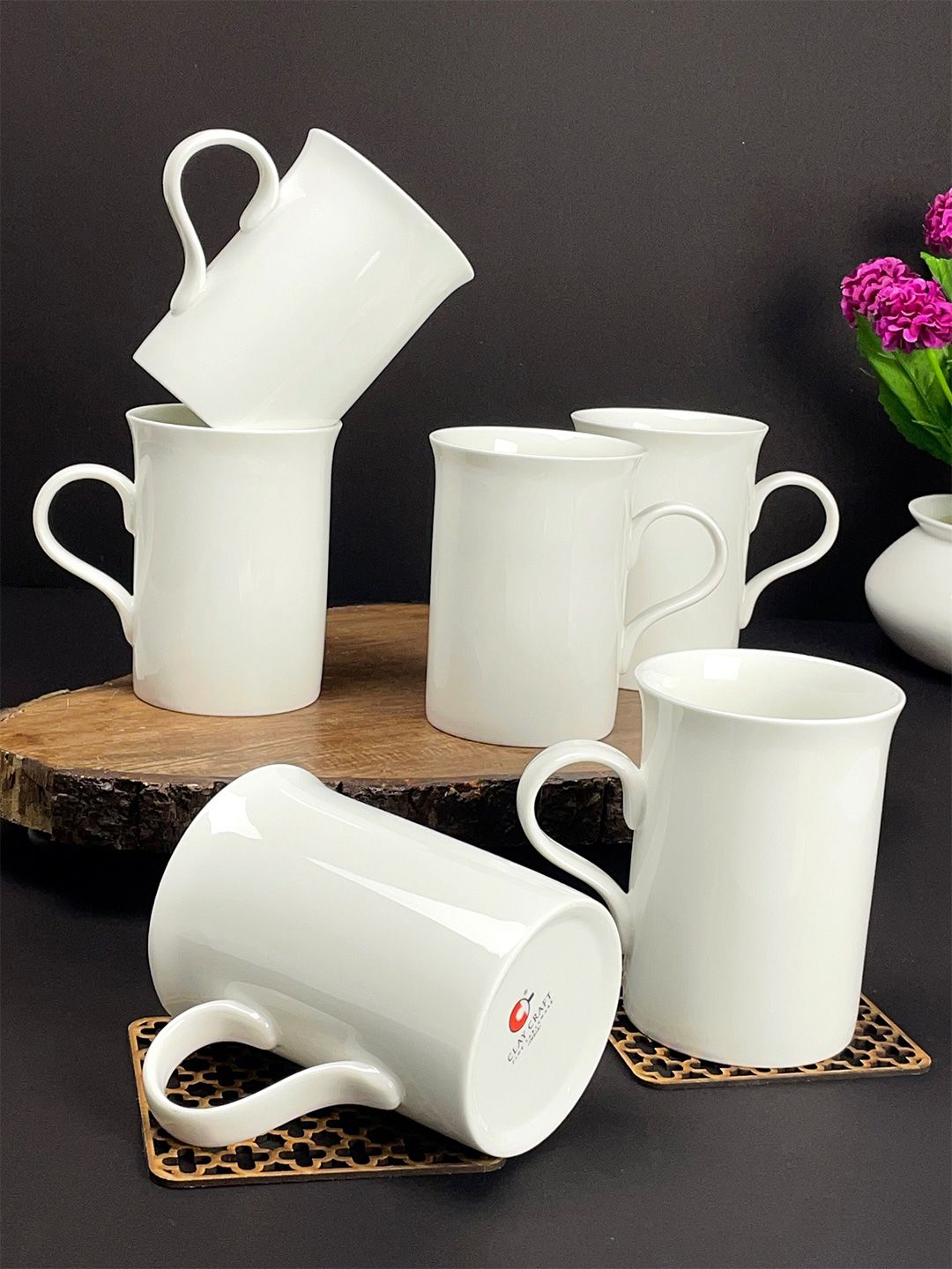 CLAY CRAFT Set Of 6 White Solid Ceramic Glossy Mugs Price in India