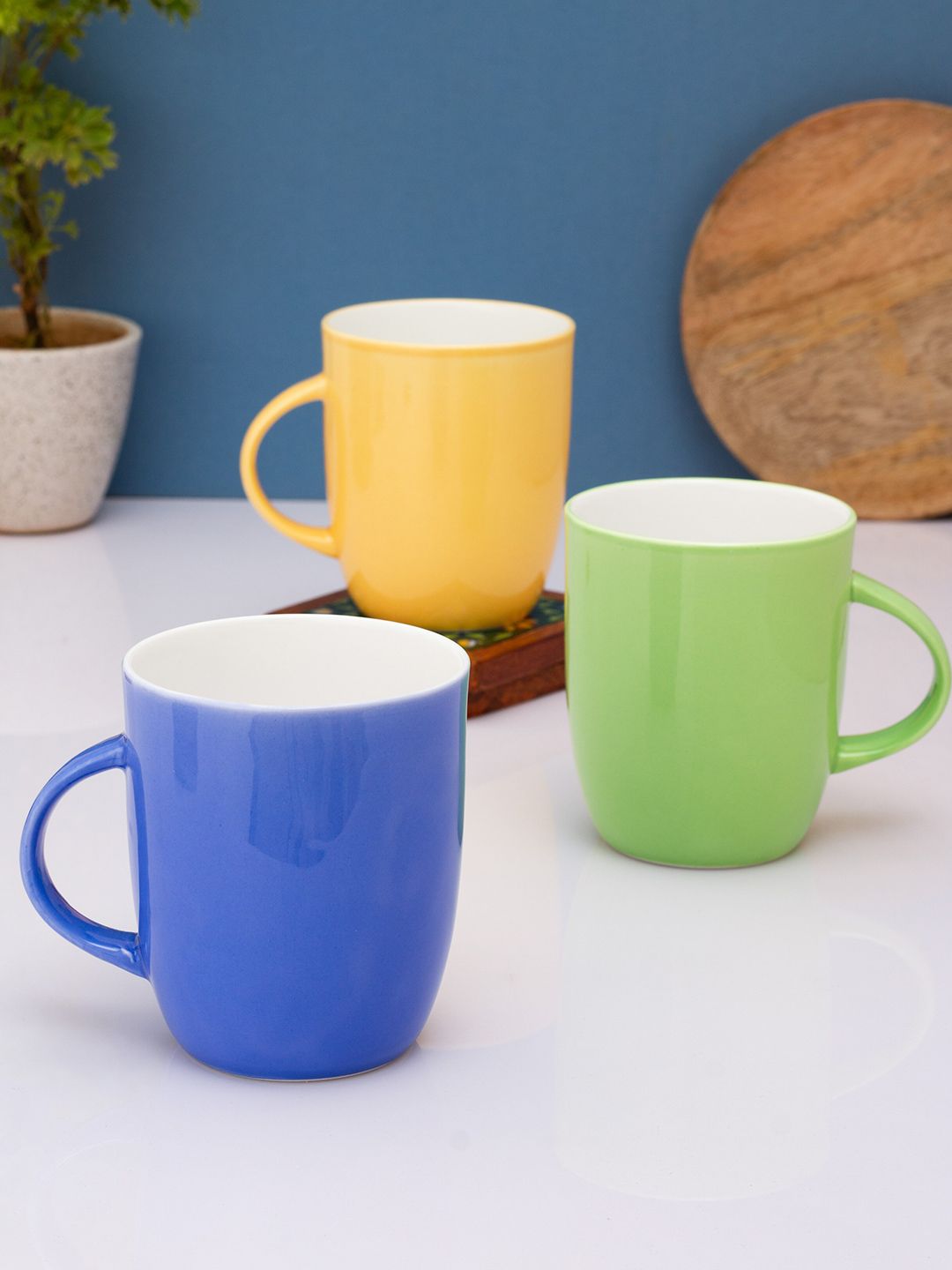 CLAY CRAFT Set of 3 Yellow & Green Solid Ceramic Glossy Cups and Mugs Price in India