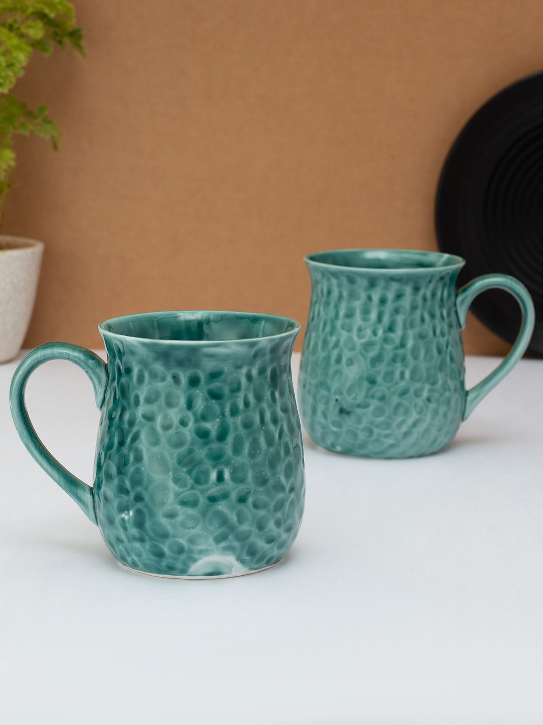 CLAY CRAFT Set of 2 Blue Hammered Ceramic Glossy Mugs Price in India