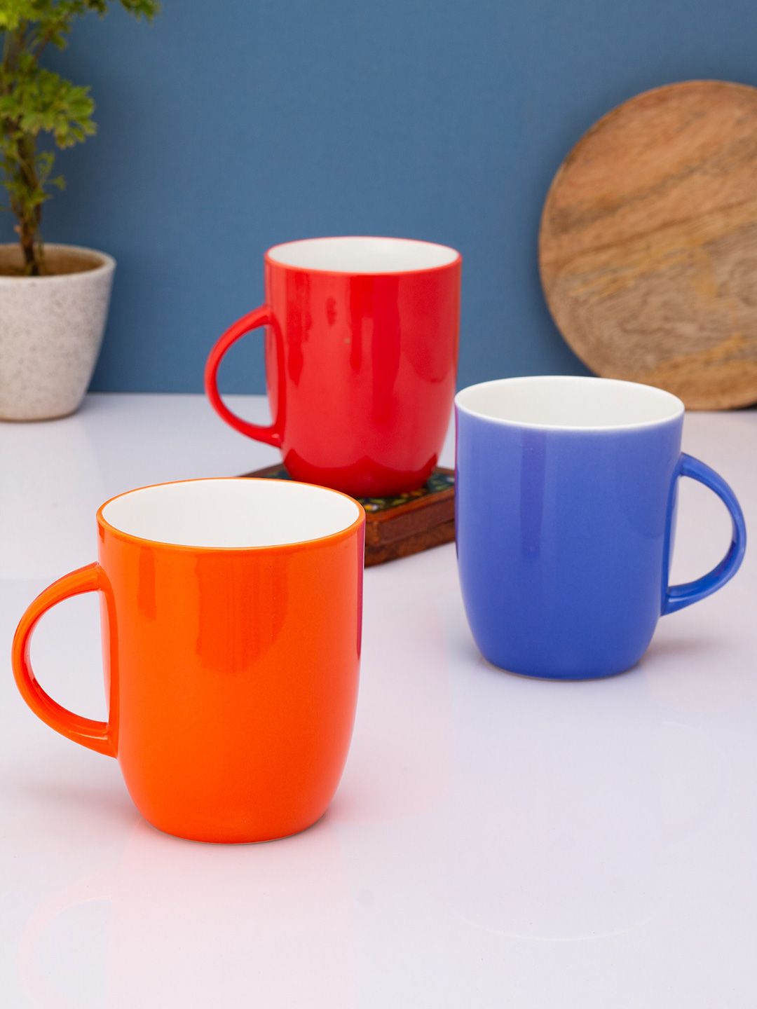 CLAY CRAFT Set of 3 Red & Blue Solid Ceramic Glossy Cups and Mugs Price in India