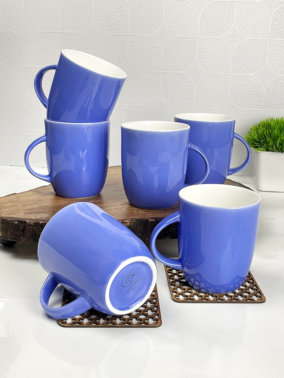 CLAY CRAFT Set of 6 Blue Solid Ceramic Glossy Mugs Price in India
