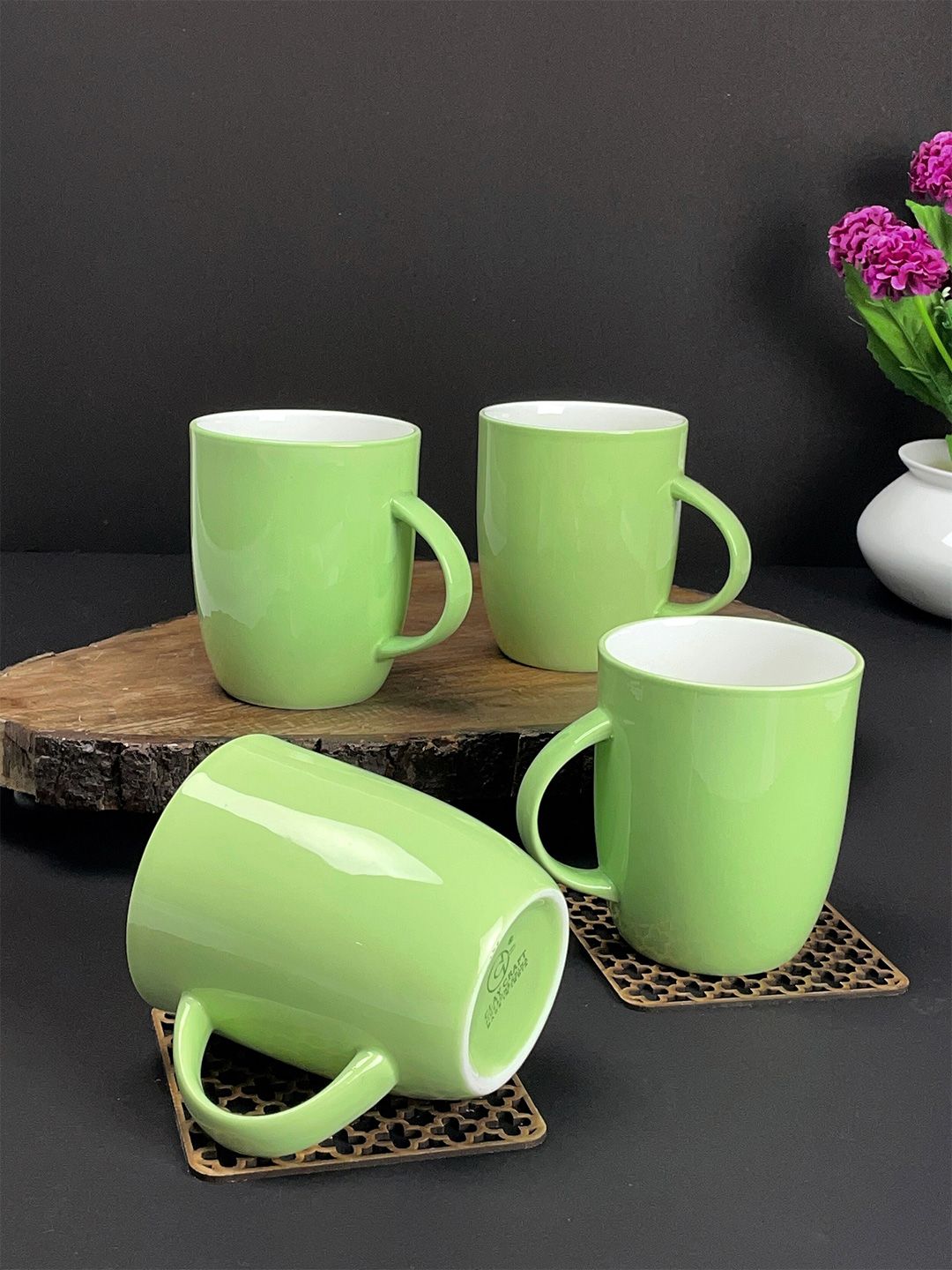CLAY CRAFT Set Of 4 Green & White Solid Ceramic Glossy Mugs Price in India
