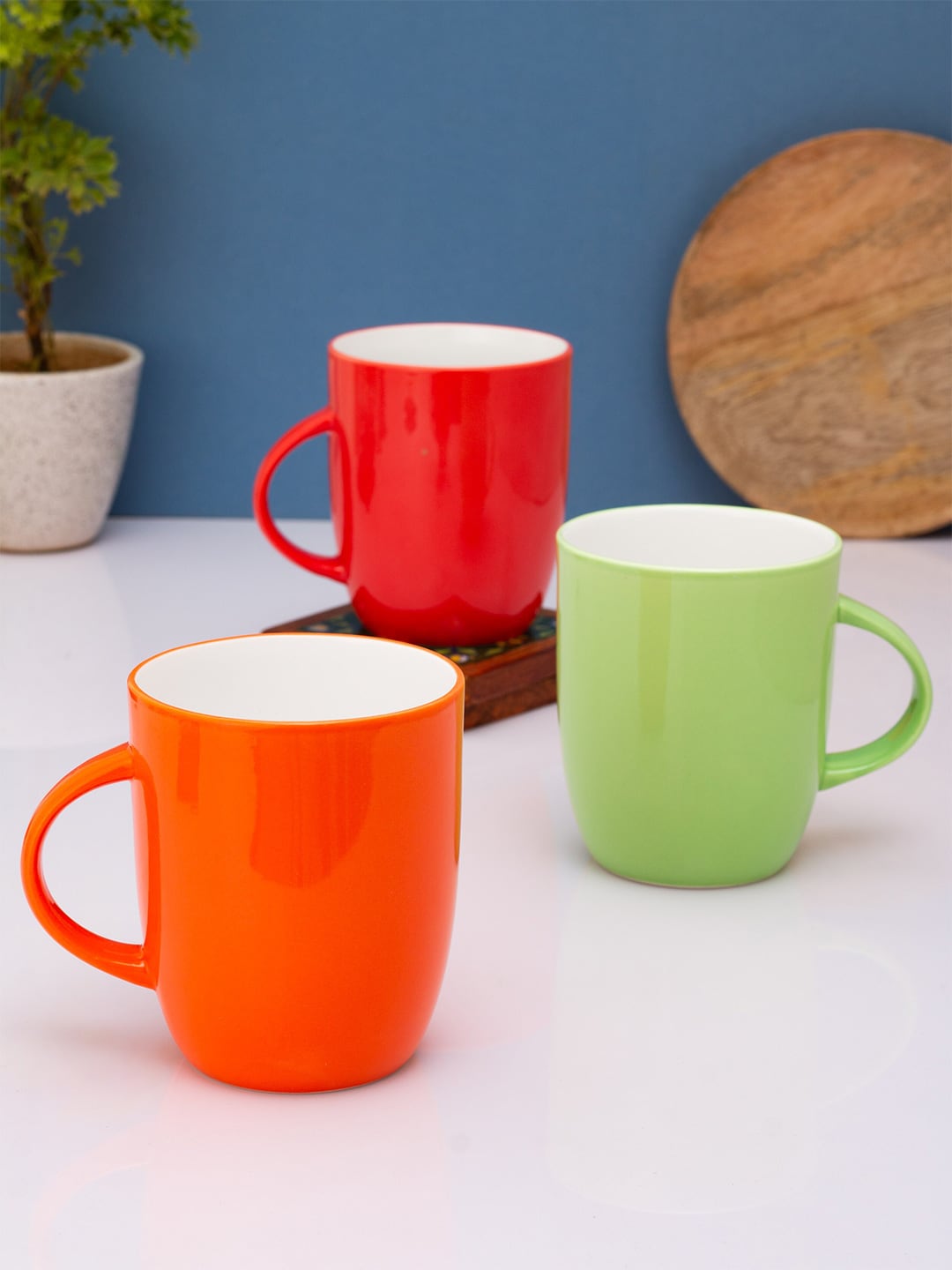 CLAY CRAFT Set of 3 Red & Green Solid Ceramic Glossy Cups and Mugs Price in India
