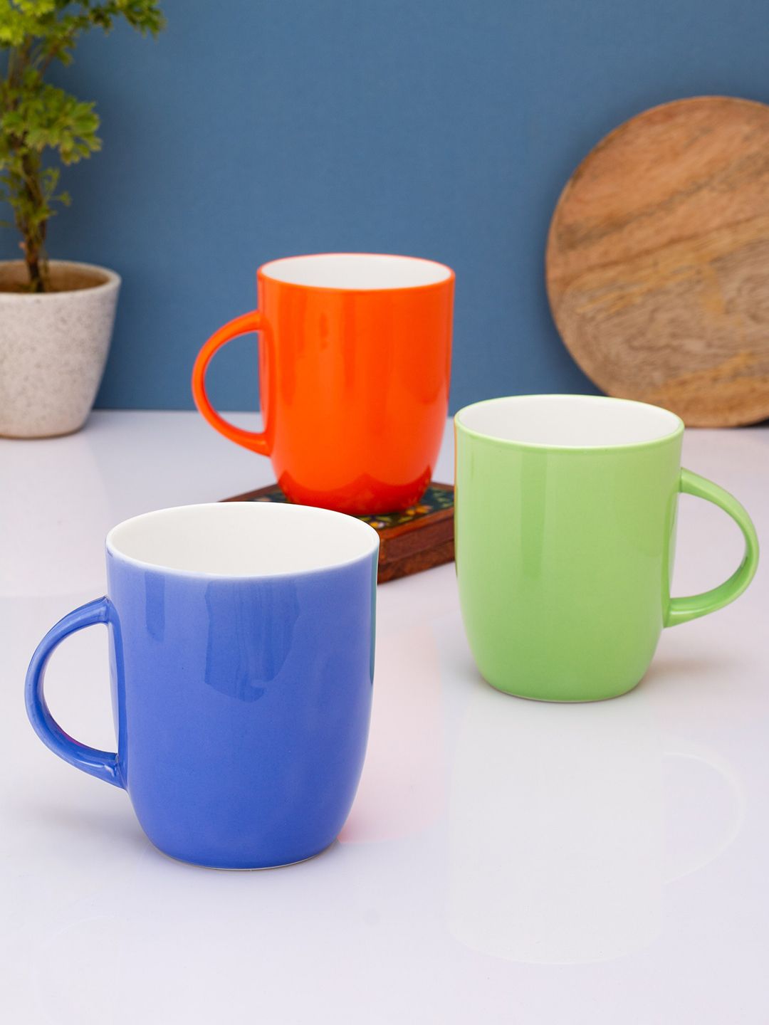 CLAY CRAFT Set of 3 Orange & Green Solid Ceramic Glossy Cups and Mugs Price in India