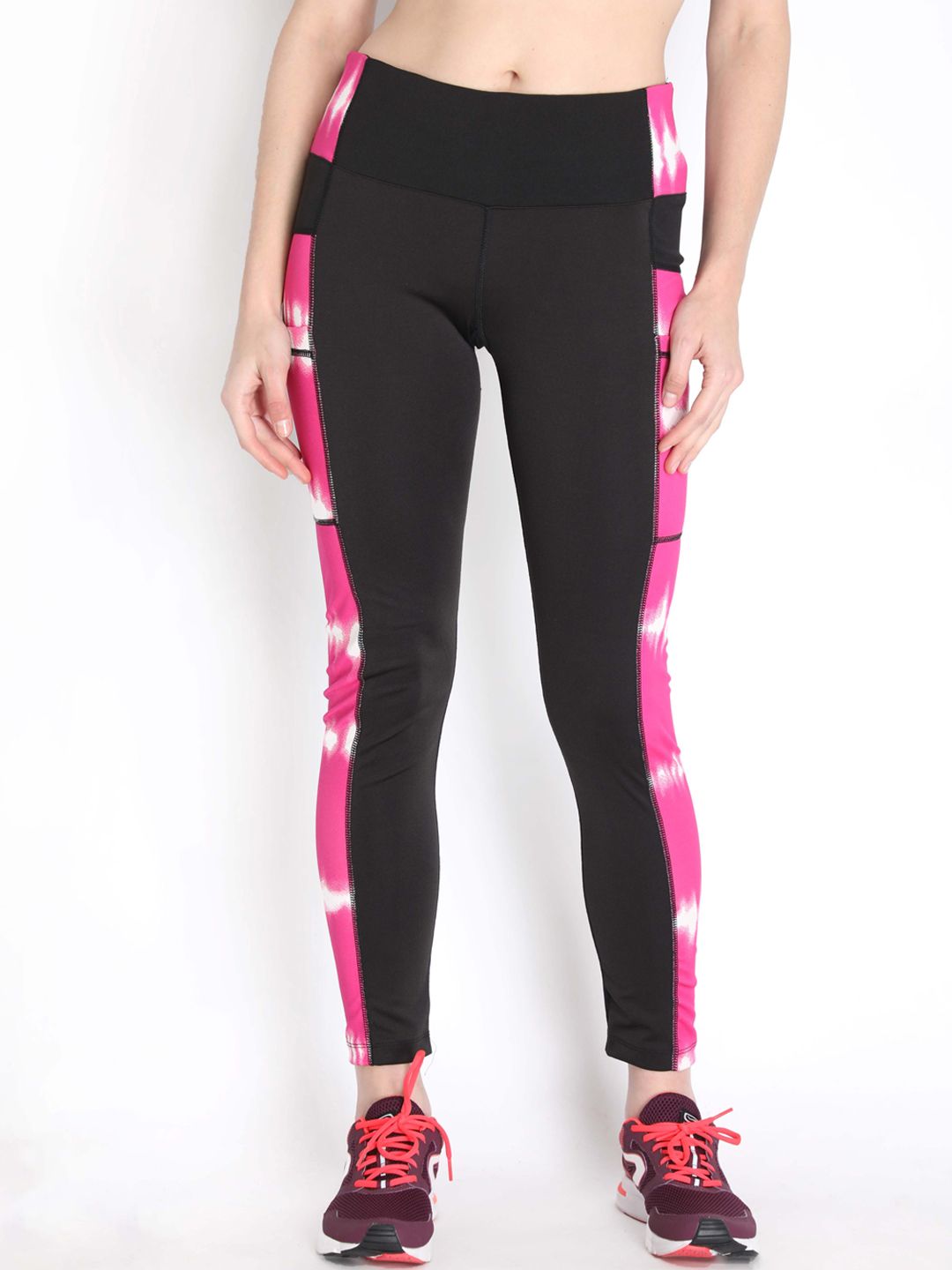 Chkokko Women Black & Pink Printed Stretchable Gym Tights Price in India