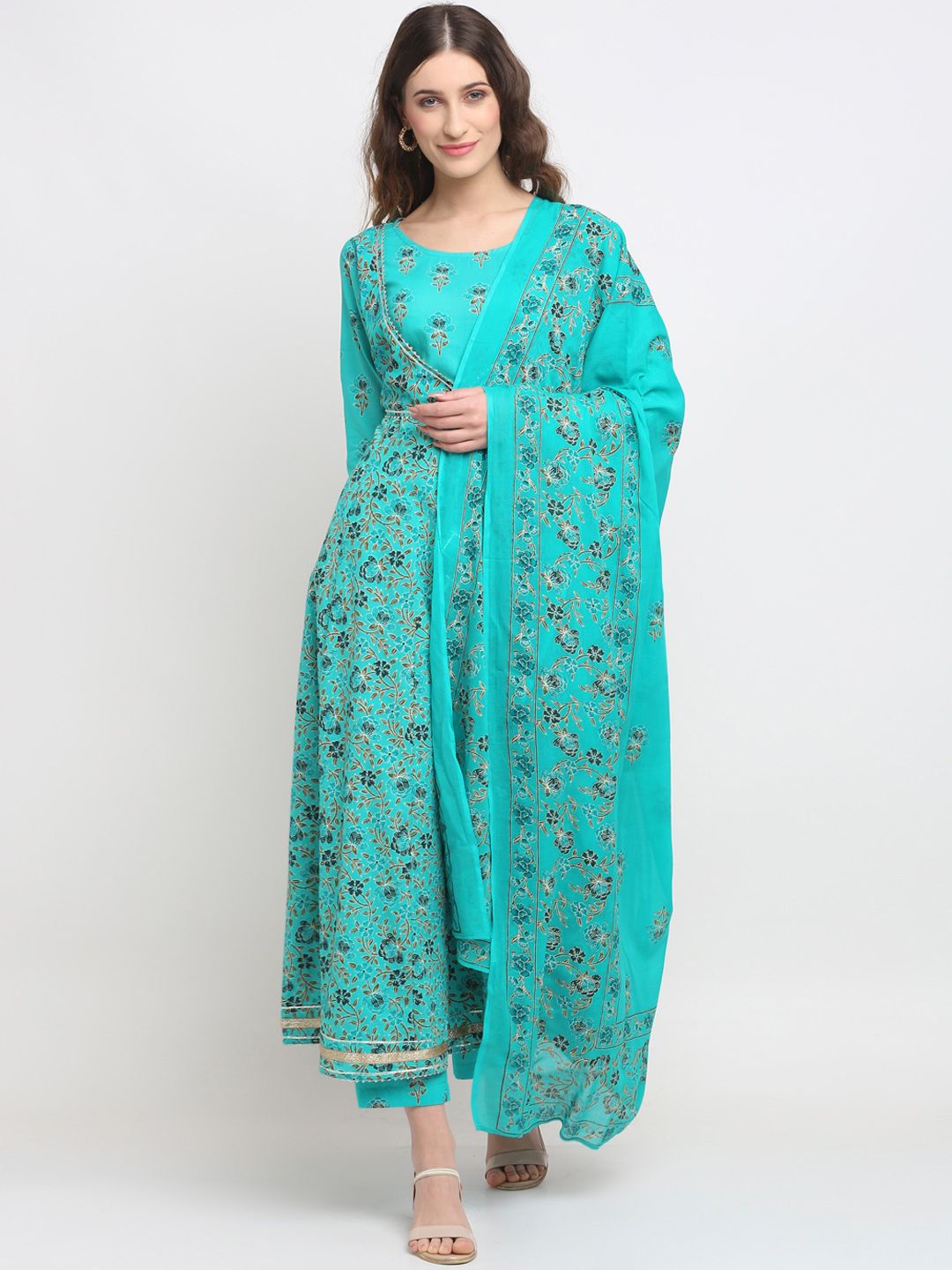 Rajnandini Women Turquoise Blue Floral Pure Cotton Kurta with Palazzos & Dupatta Price in India