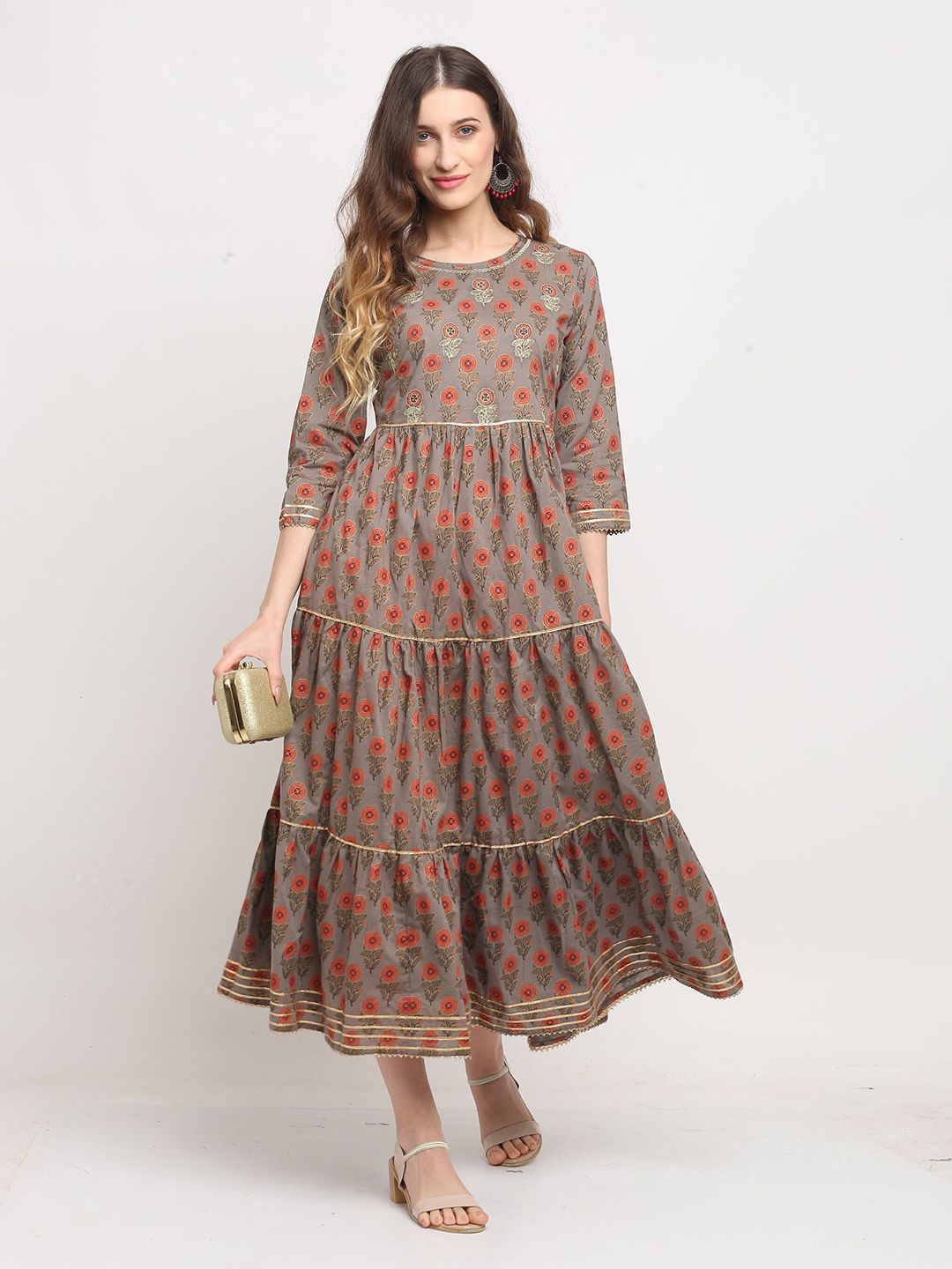 Rajnandini Grey & Orange Ethnic Motifs Printed Ethnic A-Line Midi Dress Price in India