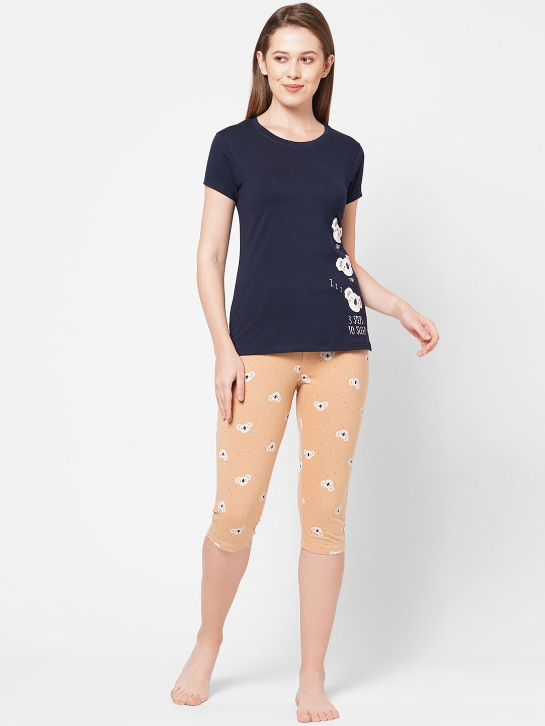 Sweet Dreams Women Navy Blue Printed T-Shirt with Capri Set Price in India