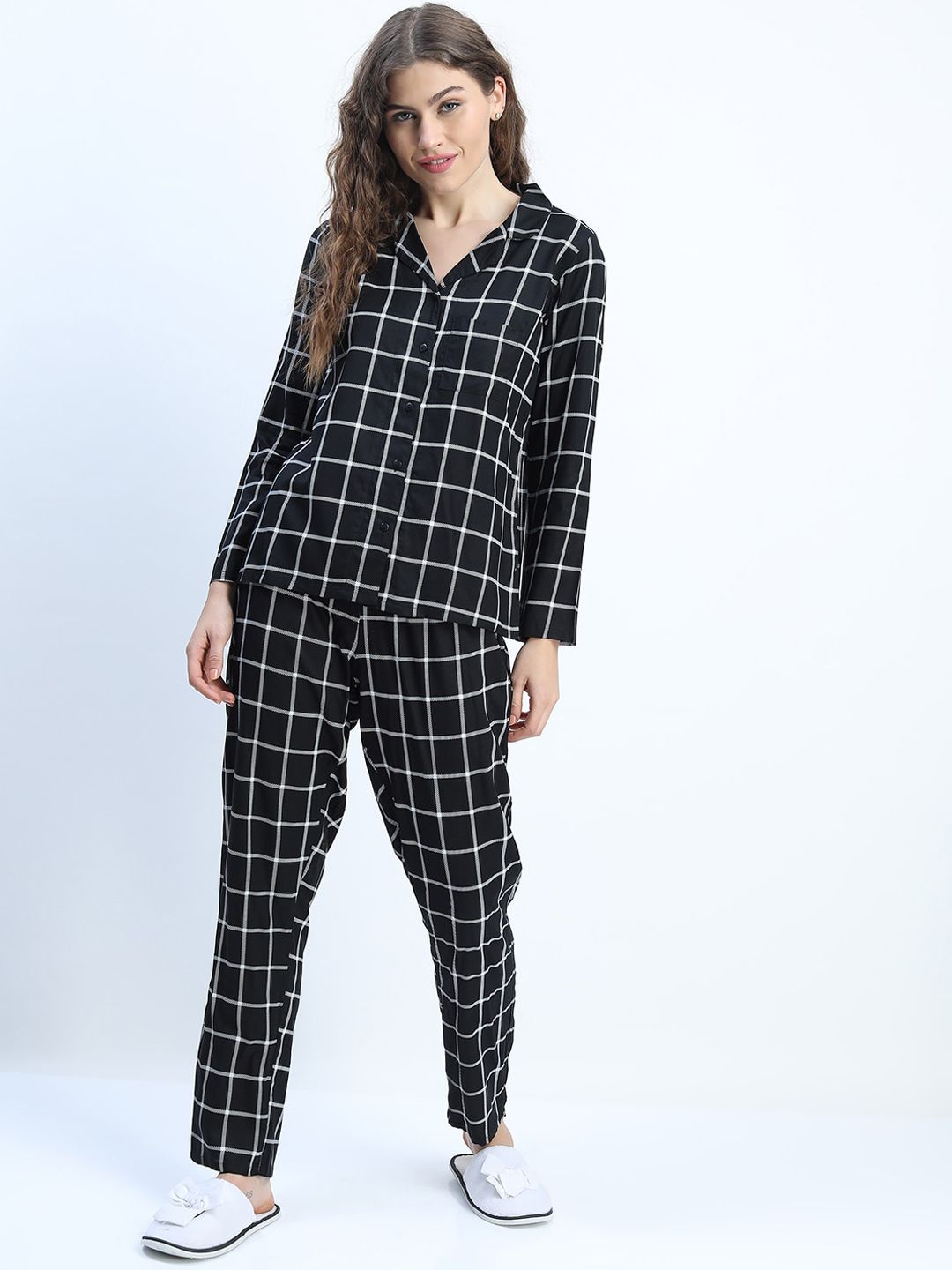 Tokyo Talkies Women Black & White Checked Night Suit Price in India