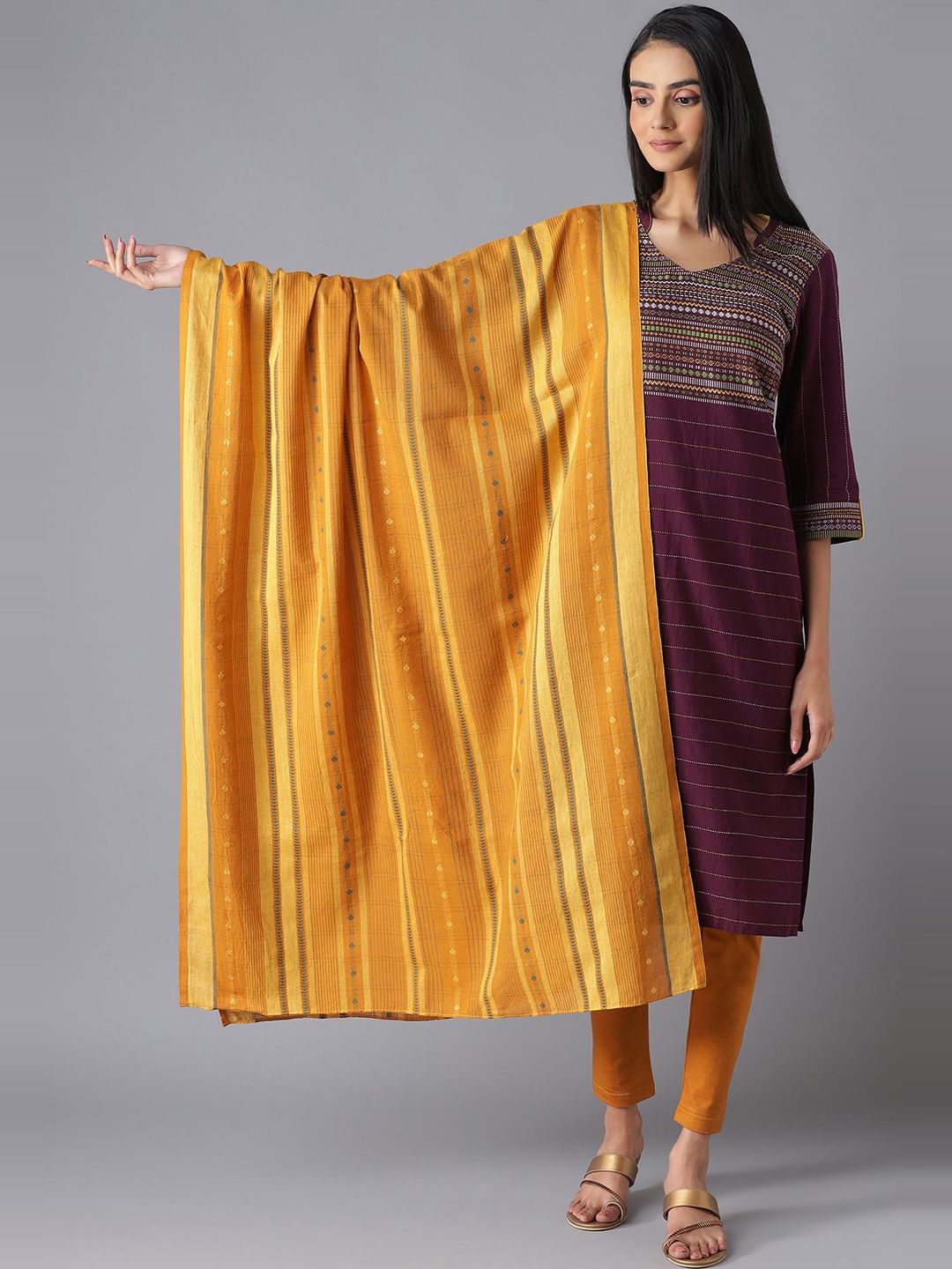 AURELIA Women Yellow Woven Design Pure Cotton Dupatta Price in India