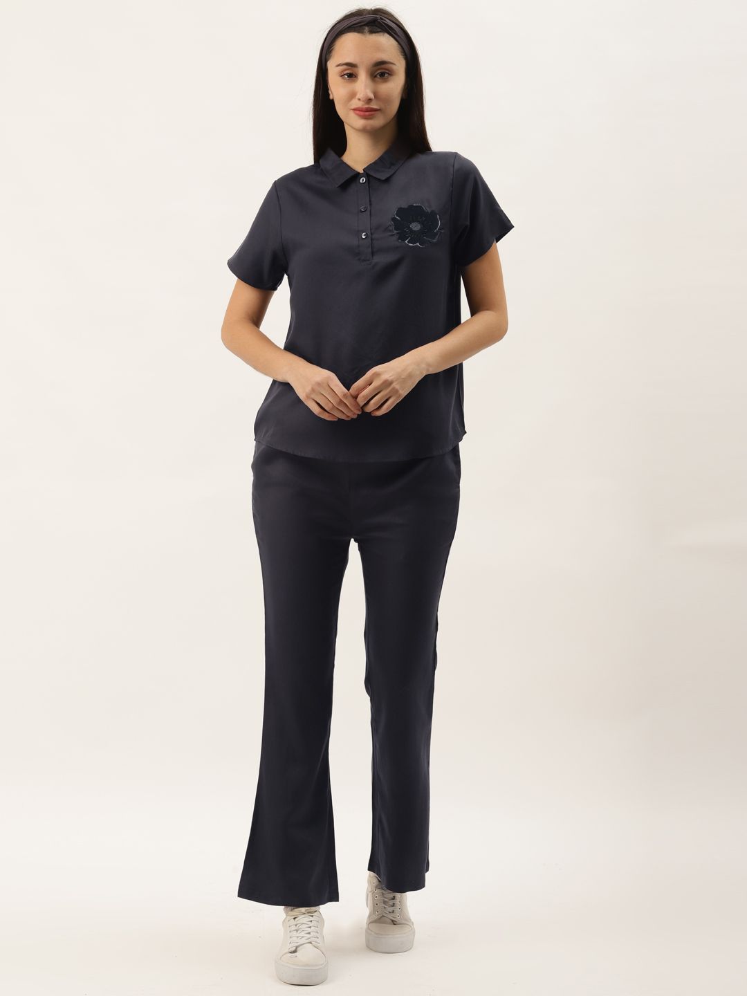 LILL Women Navy Blue Top with Palazzos