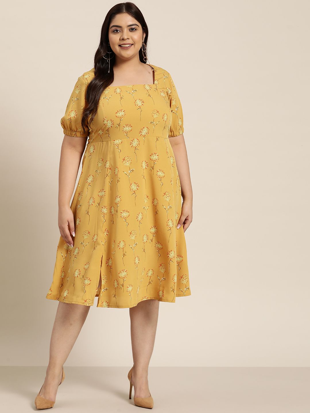 Sztori Plus Size Mustard Yellow & Red Floral Printed A-Line Midi Dress Price in India