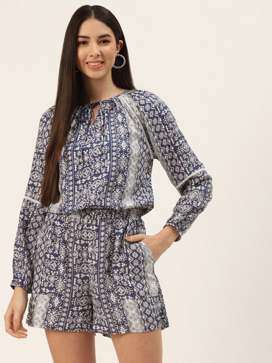Off Label White & Blue Printed Jumpsuit Price in India