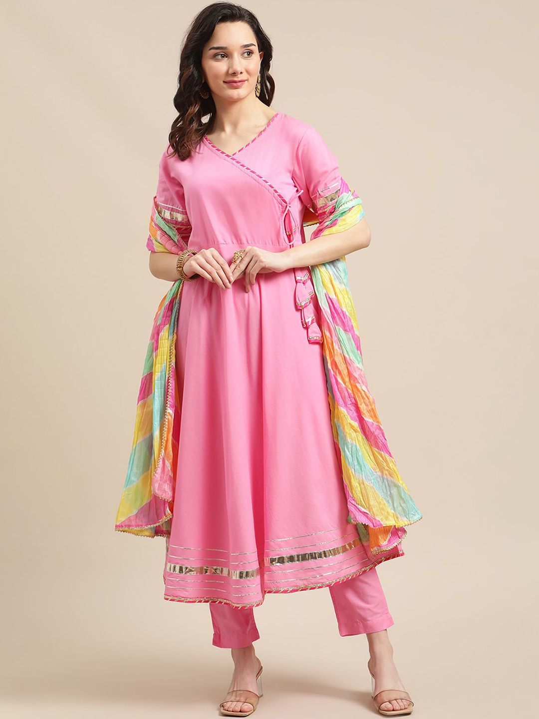 Varanga Women Pink Angrakha Gotta Patti Pure Cotton Kurta with Trousers & Leheriya Dupatta Price in India