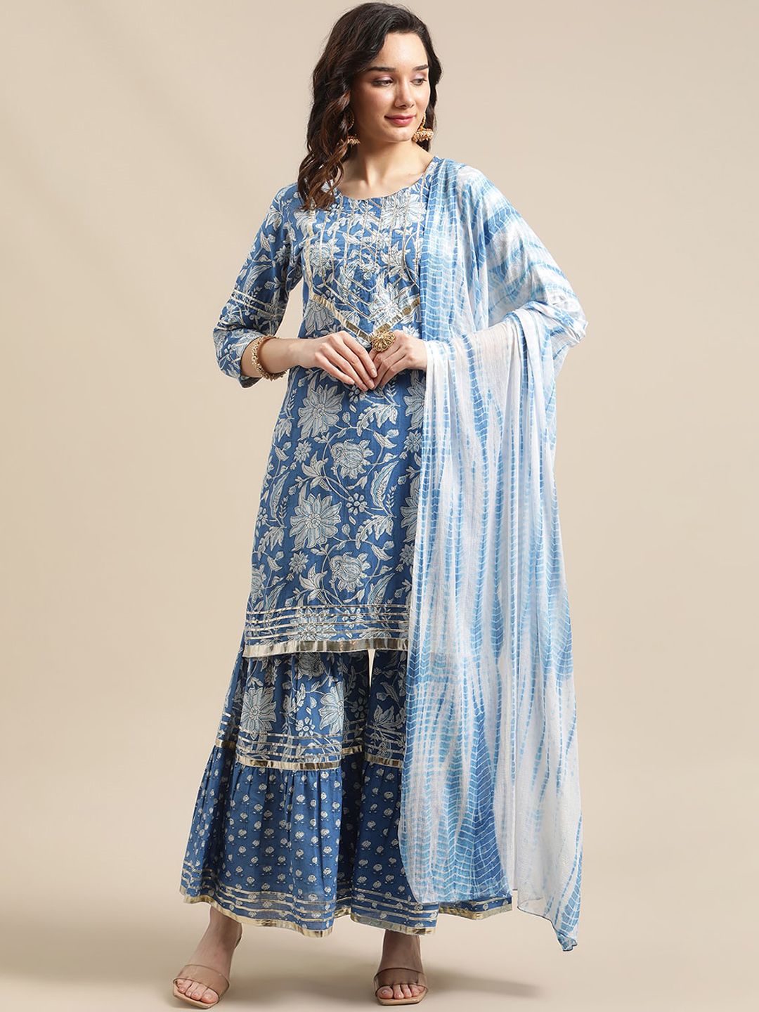 Varanga Blue & White Floral Gotta Embellished Printed Kurta Sharara With Tie Dye Dupatta Price in India