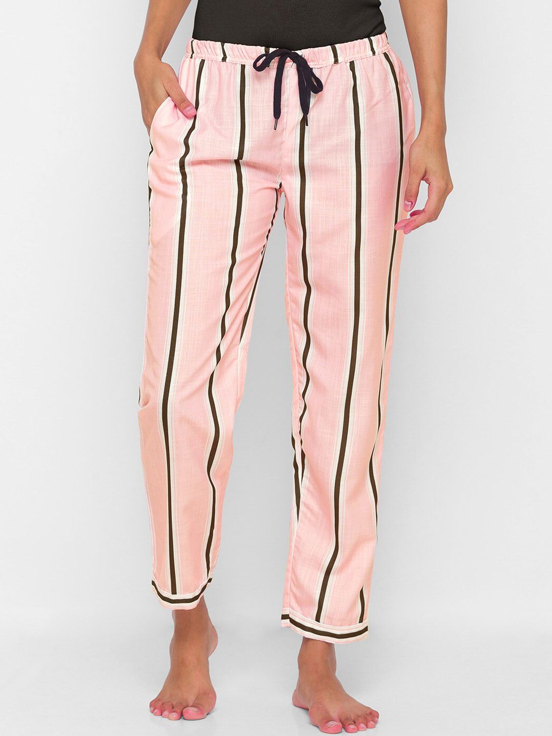 FashionRack Women Pink & Black Striped Cotton Lounge Pants Price in India