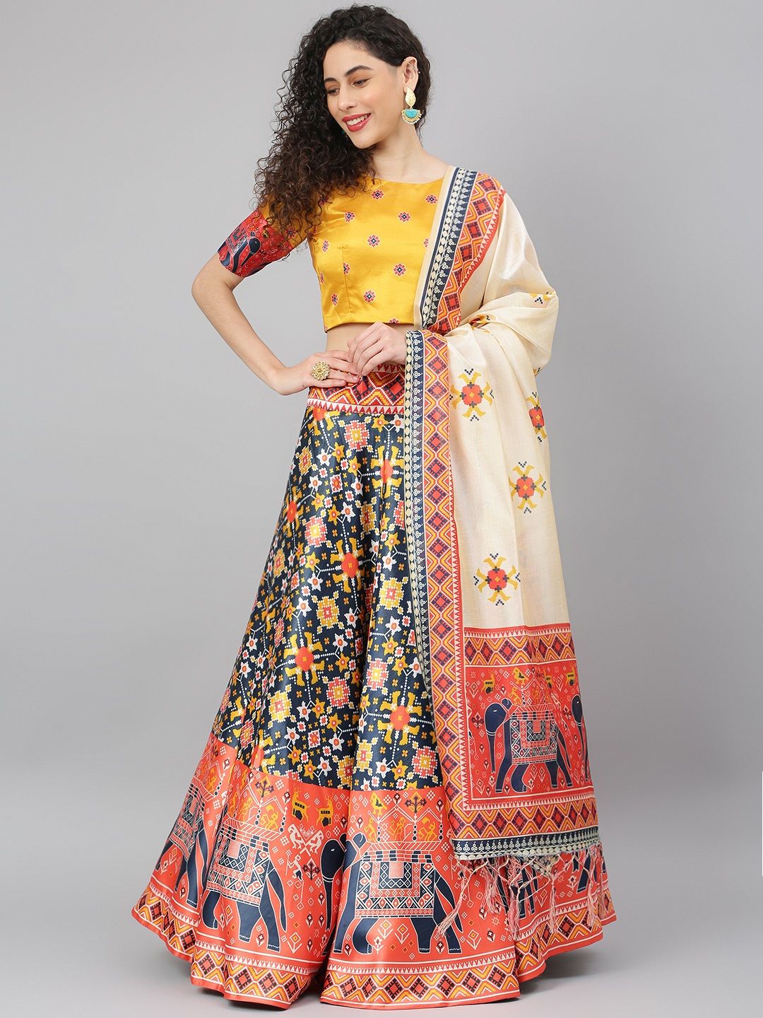 SHUBHVASTRA Blue & Mustard Printed Semi-Stitched Lehenga & Unstitched Blouse With Dupatta Price in India