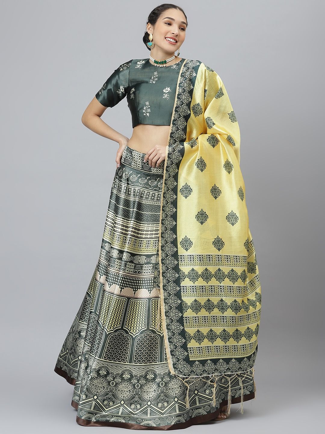 SHUBHVASTRA Teal Green & Yellow Printed Semi-Stitched Lehenga Unstitched Blouse & Dupatta Price in India