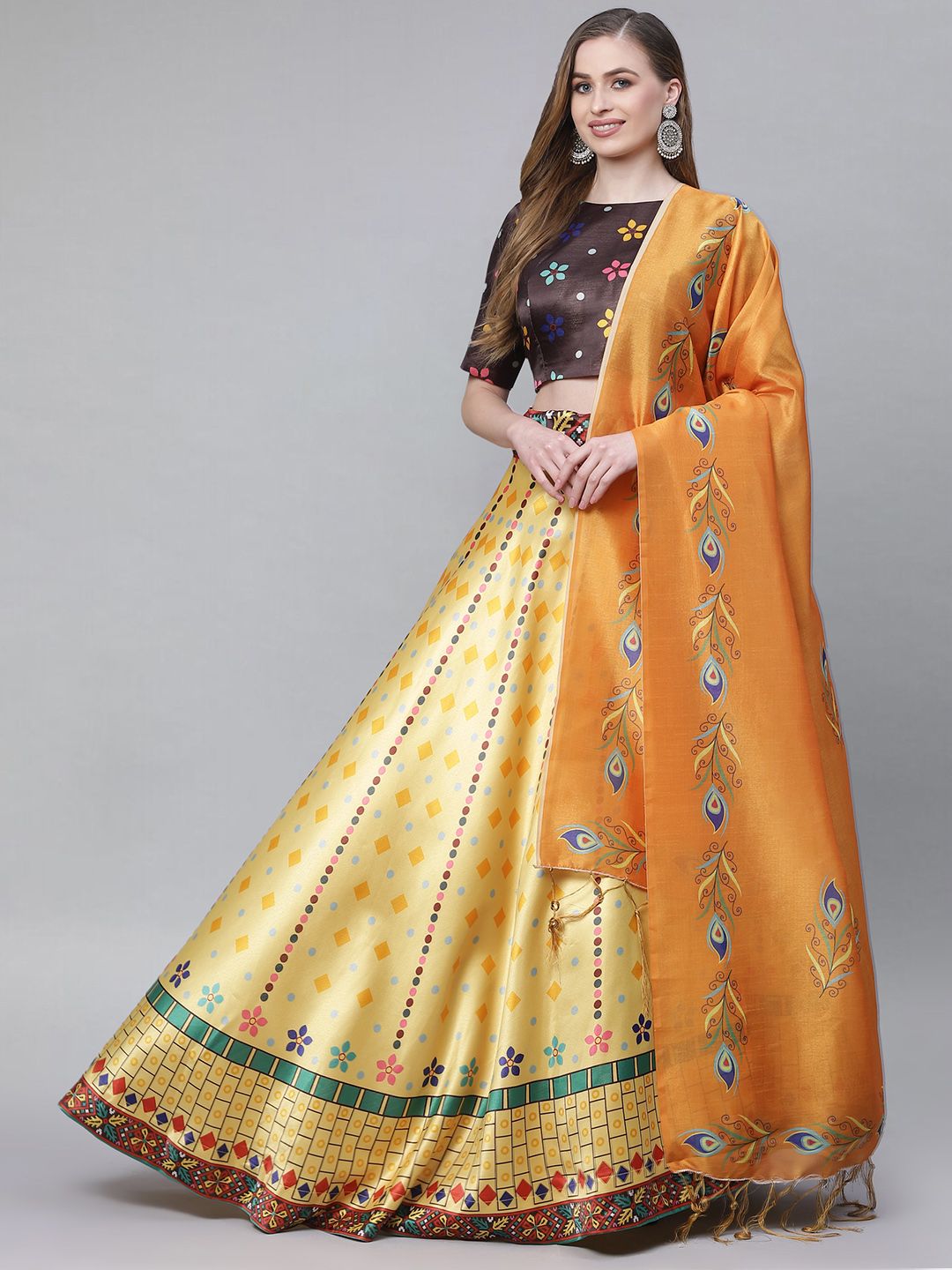 SHUBHVASTRA Yellow & Coffee Brown Printed Semi-Stitched Lehenga & Blouse With Dupatta Price in India