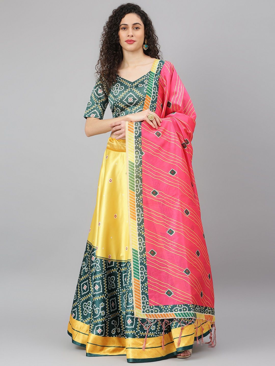 SHUBHVASTRA Yellow & Green Printed Semi-Stitched Lehenga & Unstitched Blouse With Dupatta Price in India