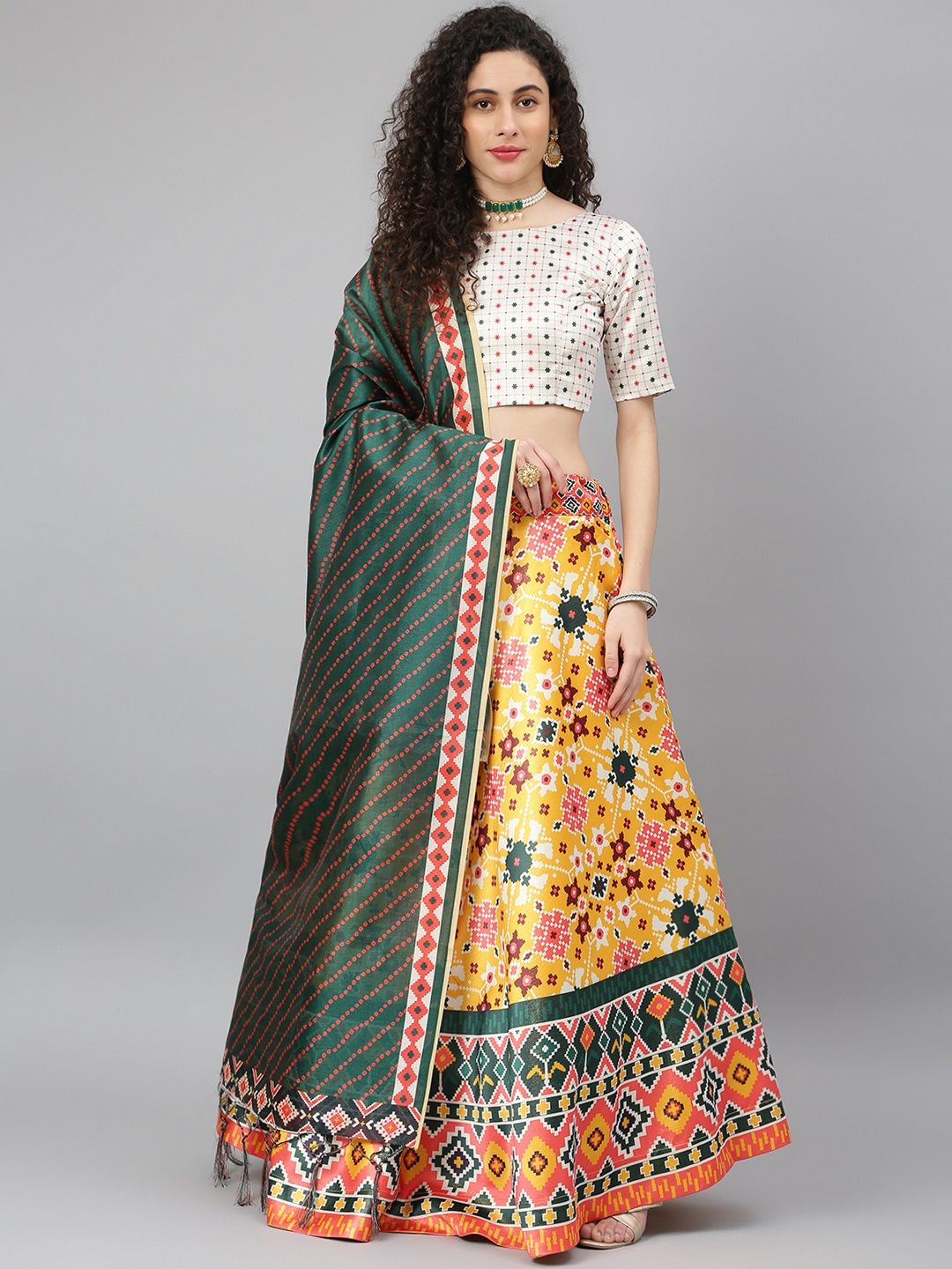 SHUBHVASTRA Yellow & White Printed Semi-Stitched Lehenga & Unstitched Blouse With Dupatta Price in India