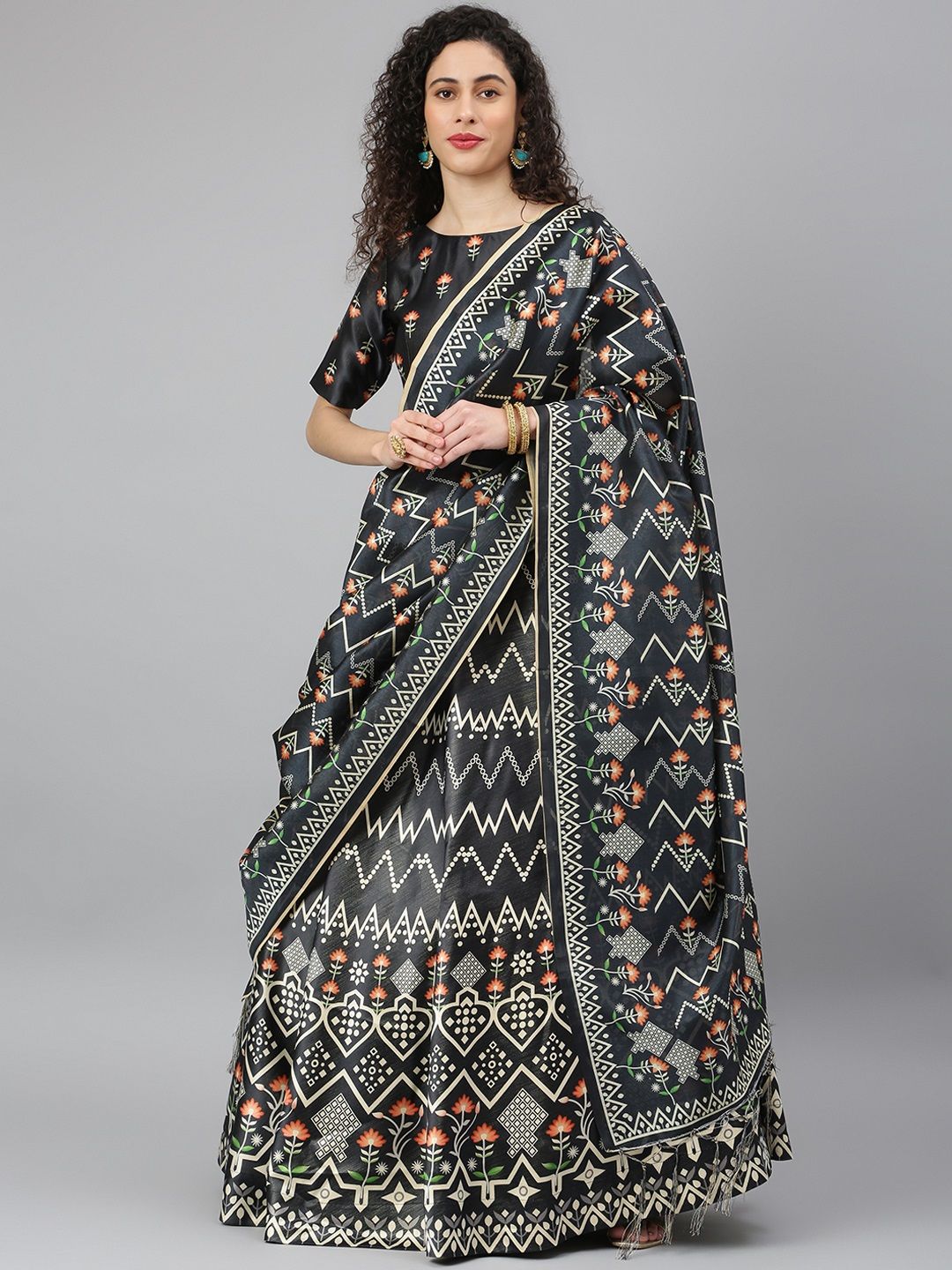 SHUBHVASTRA Black & White Printed Semi-Stitched Lehenga & Unstitched Blouse With Dupatta Price in India