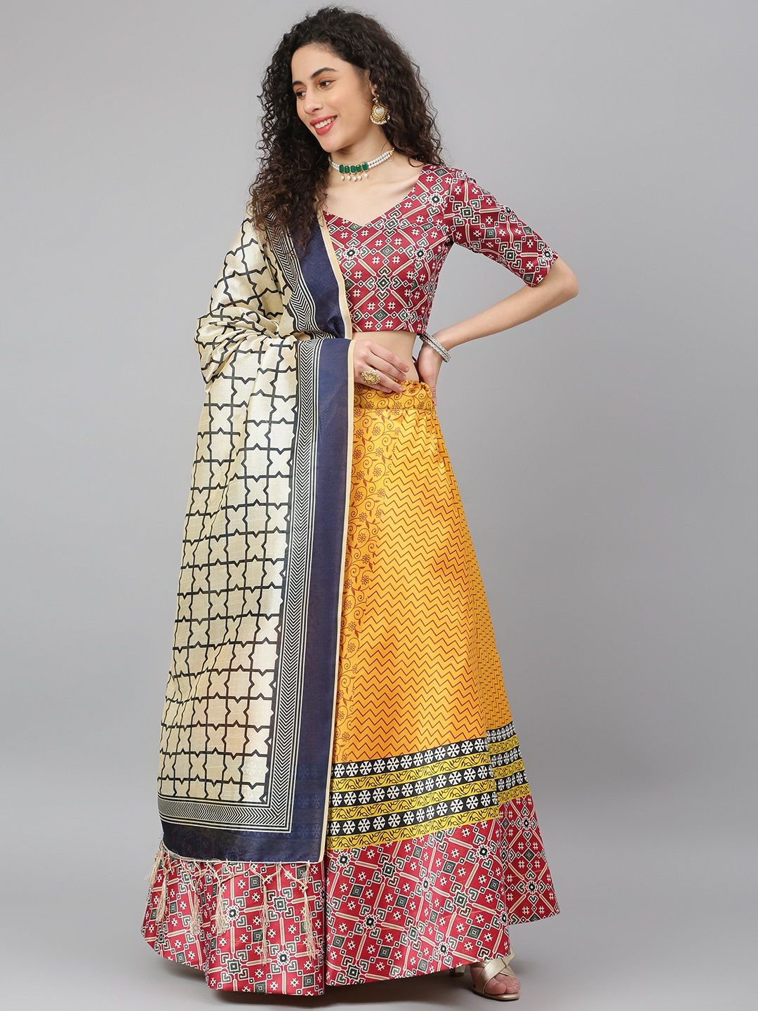 SHUBHVASTRA Yellow & Red Printed Semi-Stitched Lehenga & Unstitched Blouse With Dupatta Price in India